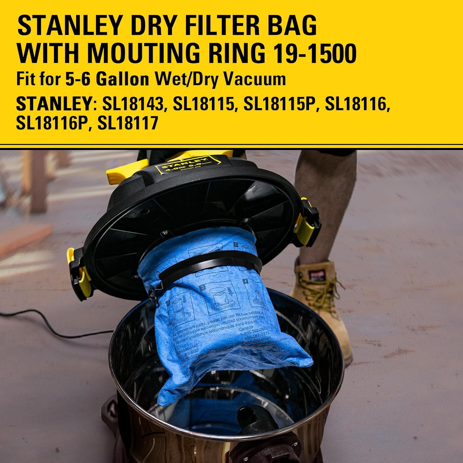 STANLEY Reusable Blue Cloth Filter with Clamp Ring 19-1500 for 5-6 Gallon Wet/Dry Vacuums, Filter Bag Compatible with STANLEY SL18143, SL18115, SL18115P, SL18116, SL18116P, SL18117