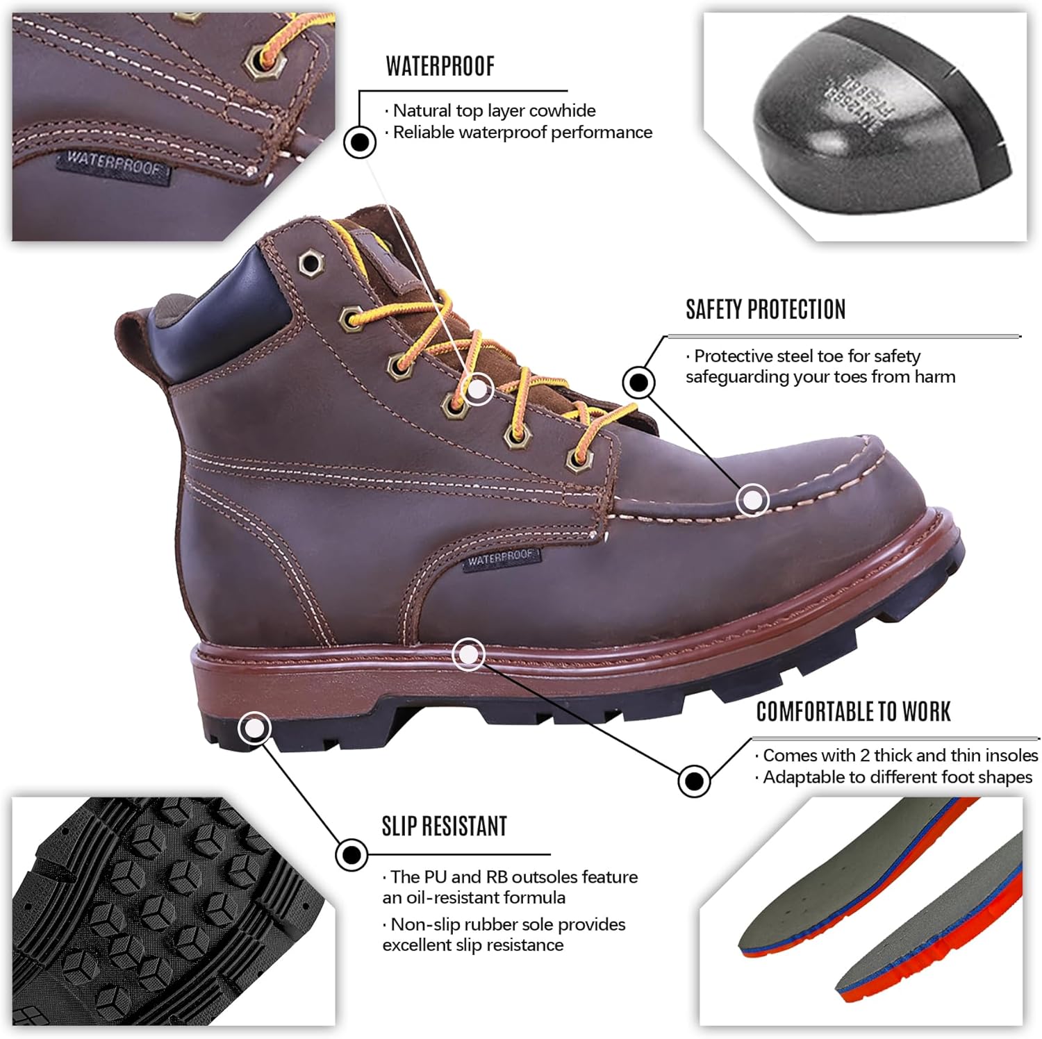 Mens Steel Toe Work Boots With 2 Different Insoles Waterproof Insulated Non Slip & Oil Resistant ASTM F2413 - Image 2