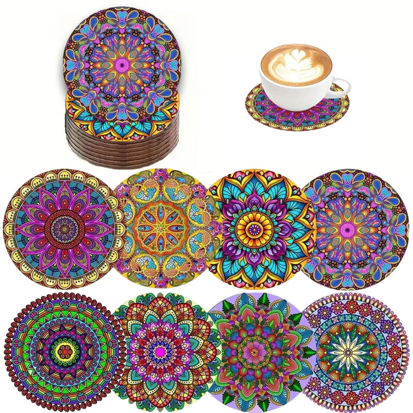 Wooden Round Coasters 8Pcs Mandala Flower Wooden Coasters