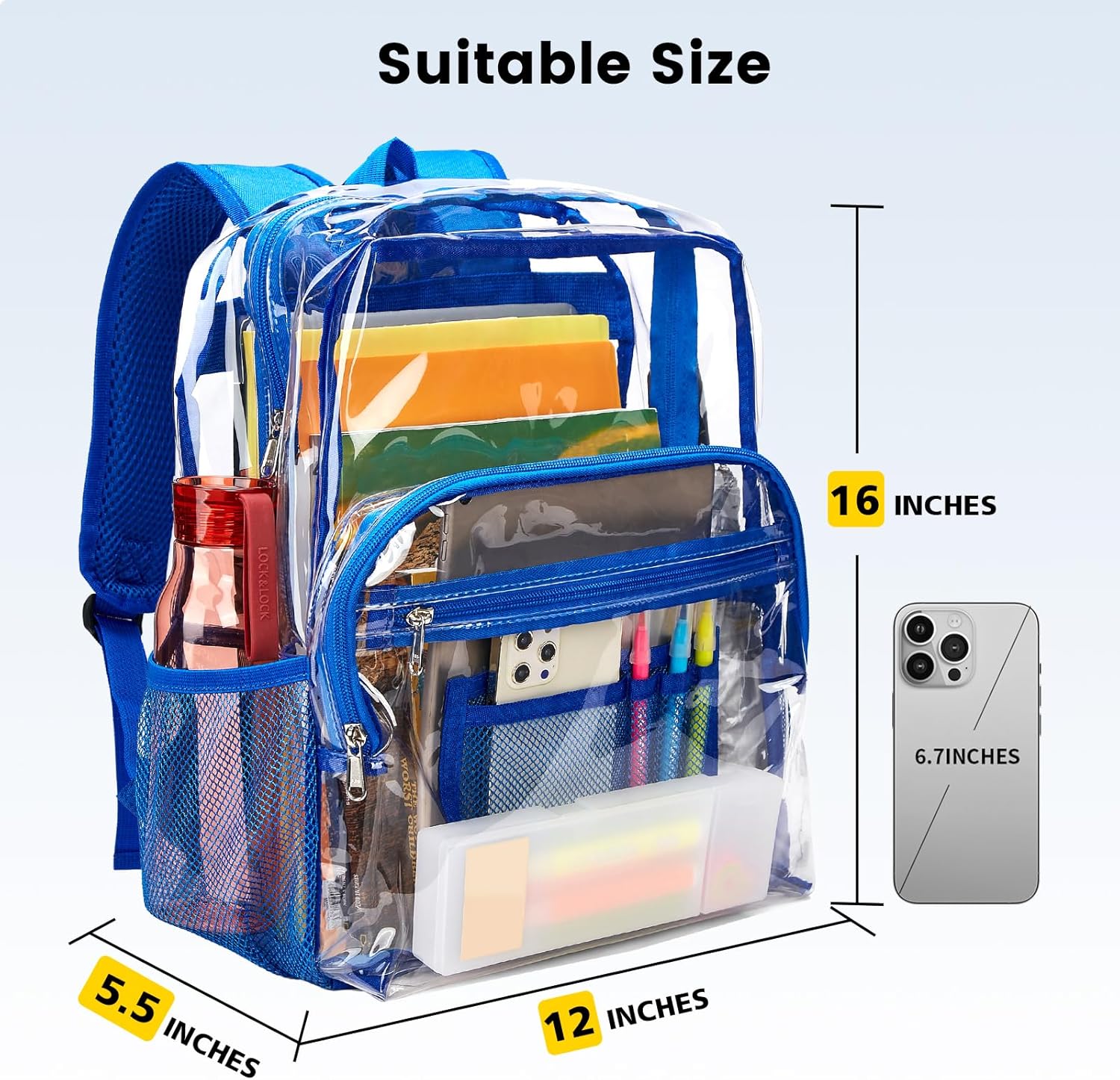 Vorspack Clear Backpack Heavy Duty - Clear Bookbag Large See Through Backpack Plastic Transparent Backpacks for College Work Travel - Blue - Image 2
