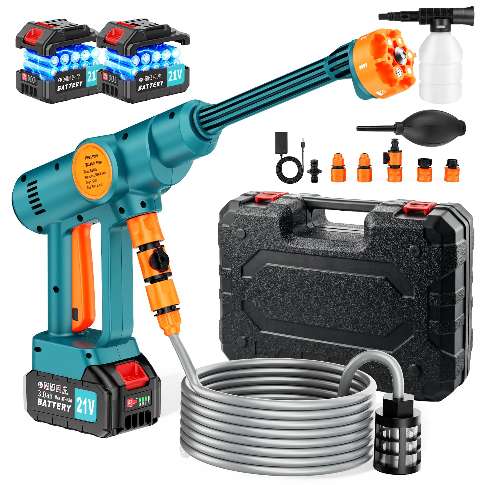 Cordless Pressure Washer,6-IN-1 Portable Power Washer with 2×3000mAh Batteries,Pressure Washer with Foam Pot&5M Hose,Handheld Lightweight Jet Wash Tool for Car/Floor/Garden Cleaning