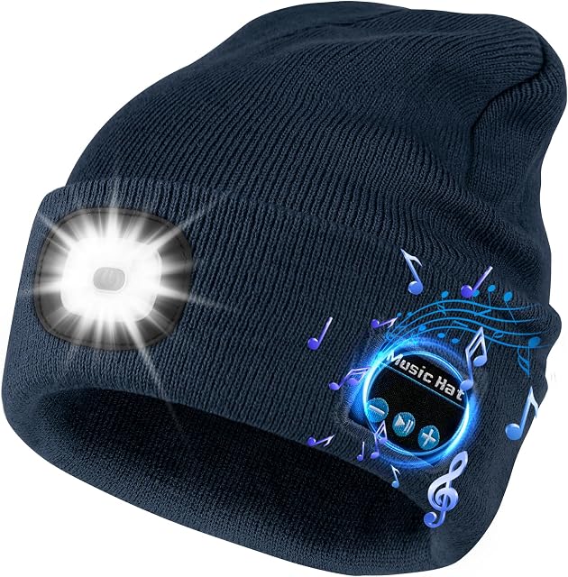 Bluetooth Beanie with HeadlightUnisex Rechargable LED Beanie with Headphones,Tech Gifts for Men Women Dad