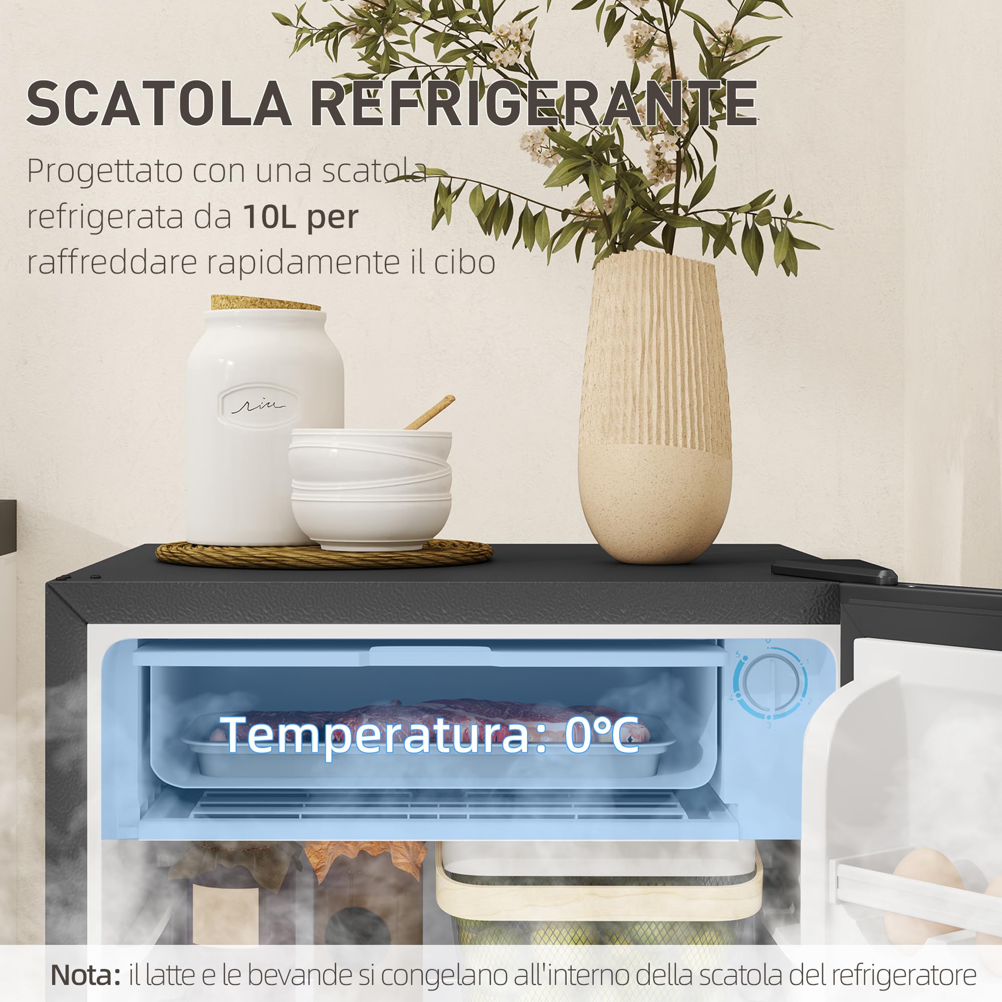 HOMCOM Frigorifero Piccolo 91L MonoPorta Reversibile con Congelatore, Mini Frigo da Camera Tavolo Silenzioso Classe E Compatto con Temperatura Regolabile 0-10 ℃, Libera Installazione, Nero