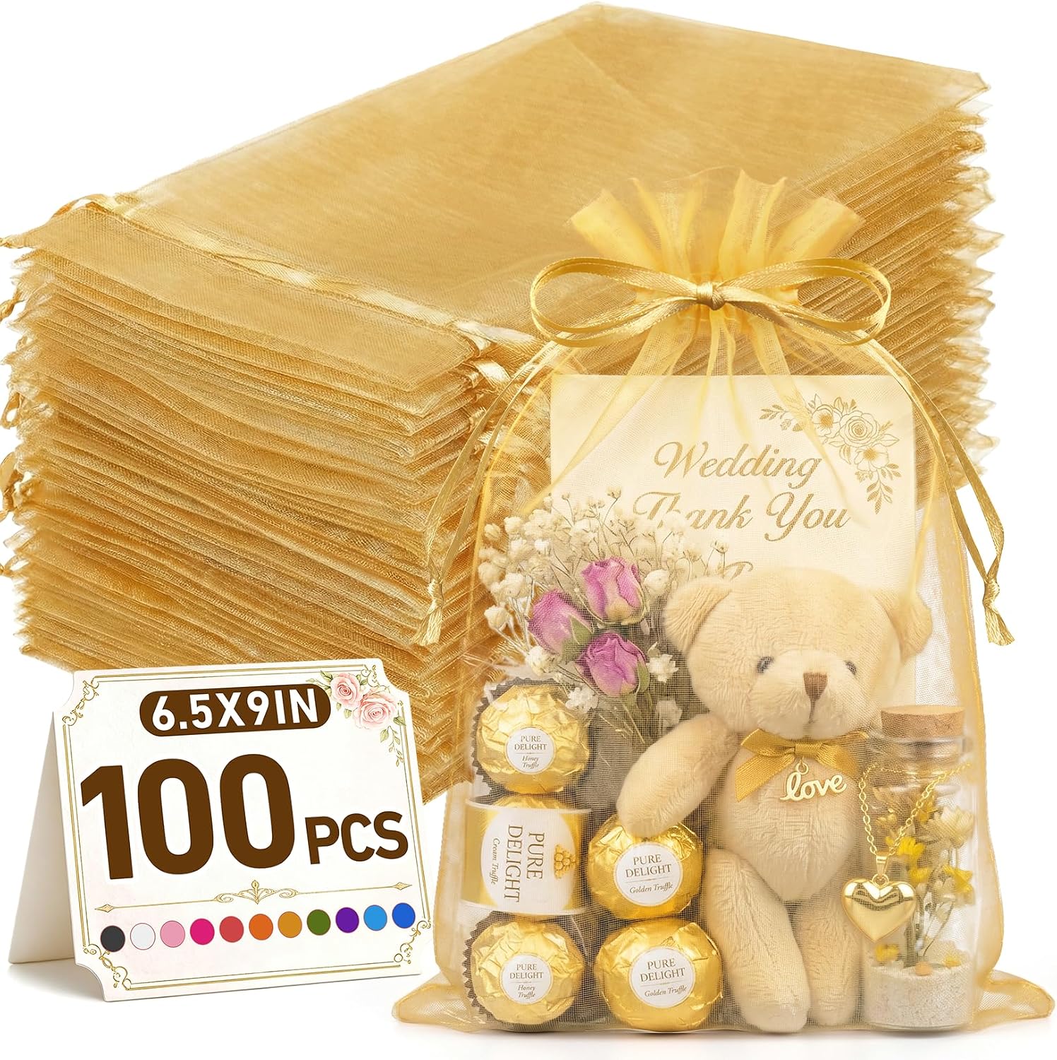 FUNFERY 100 PCS Gold Organza Bags 6x9in, Mesh Gift Bags with Drawstring