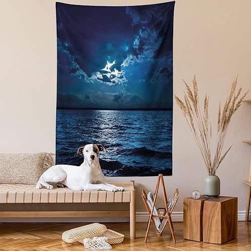 Miniatura 2 de Ambesonne Tapiz de noche, majestuosas nubes de cielo dramáticas y luna llena sobre paisaje marino, océano tranquilo y tranquilo, colgante de pared