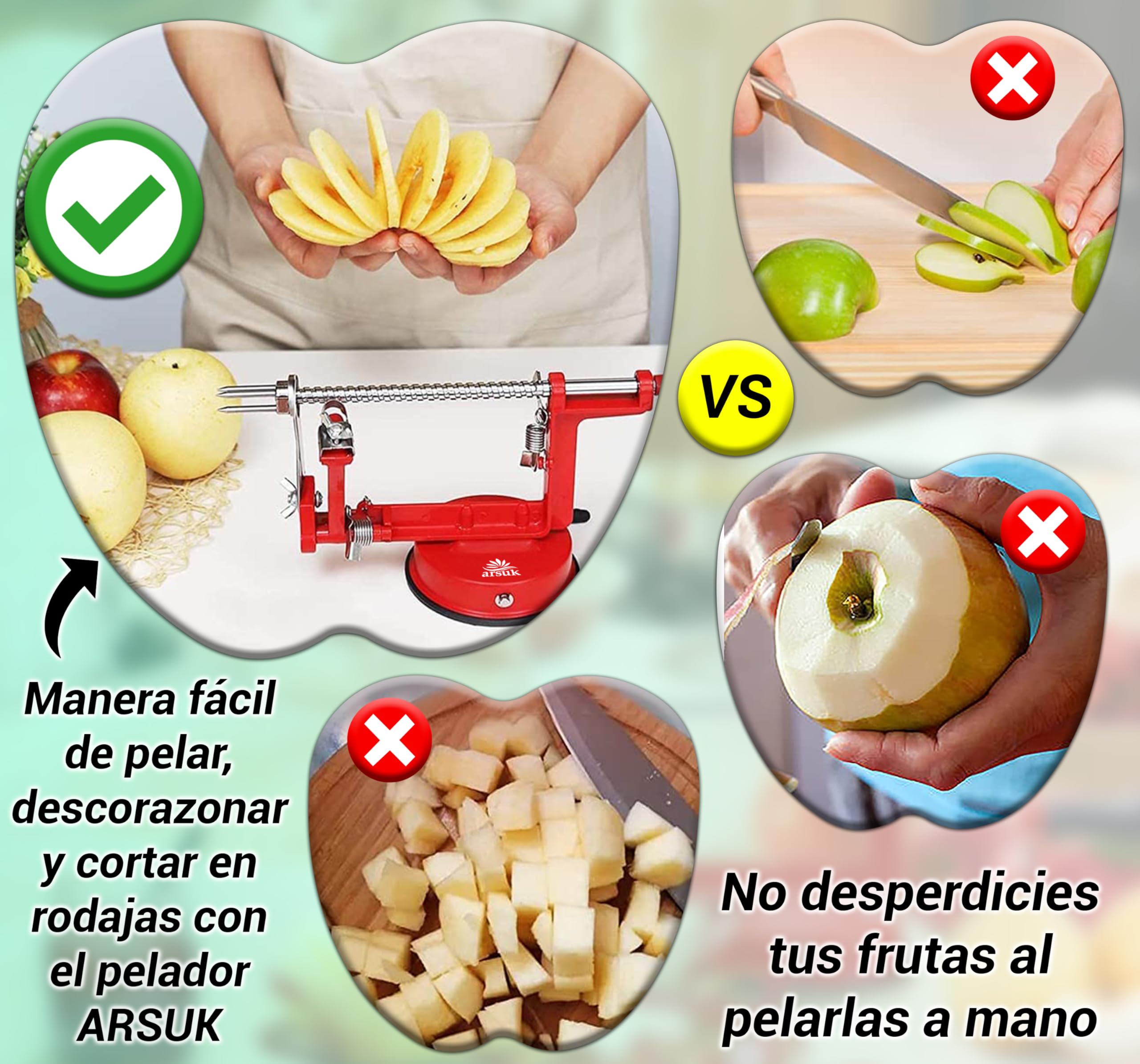 ARSUK 3 en 1 Pelador de Manzanas Manual con Cuchillas de Repuesto, Acero Inoxidable Ajustable