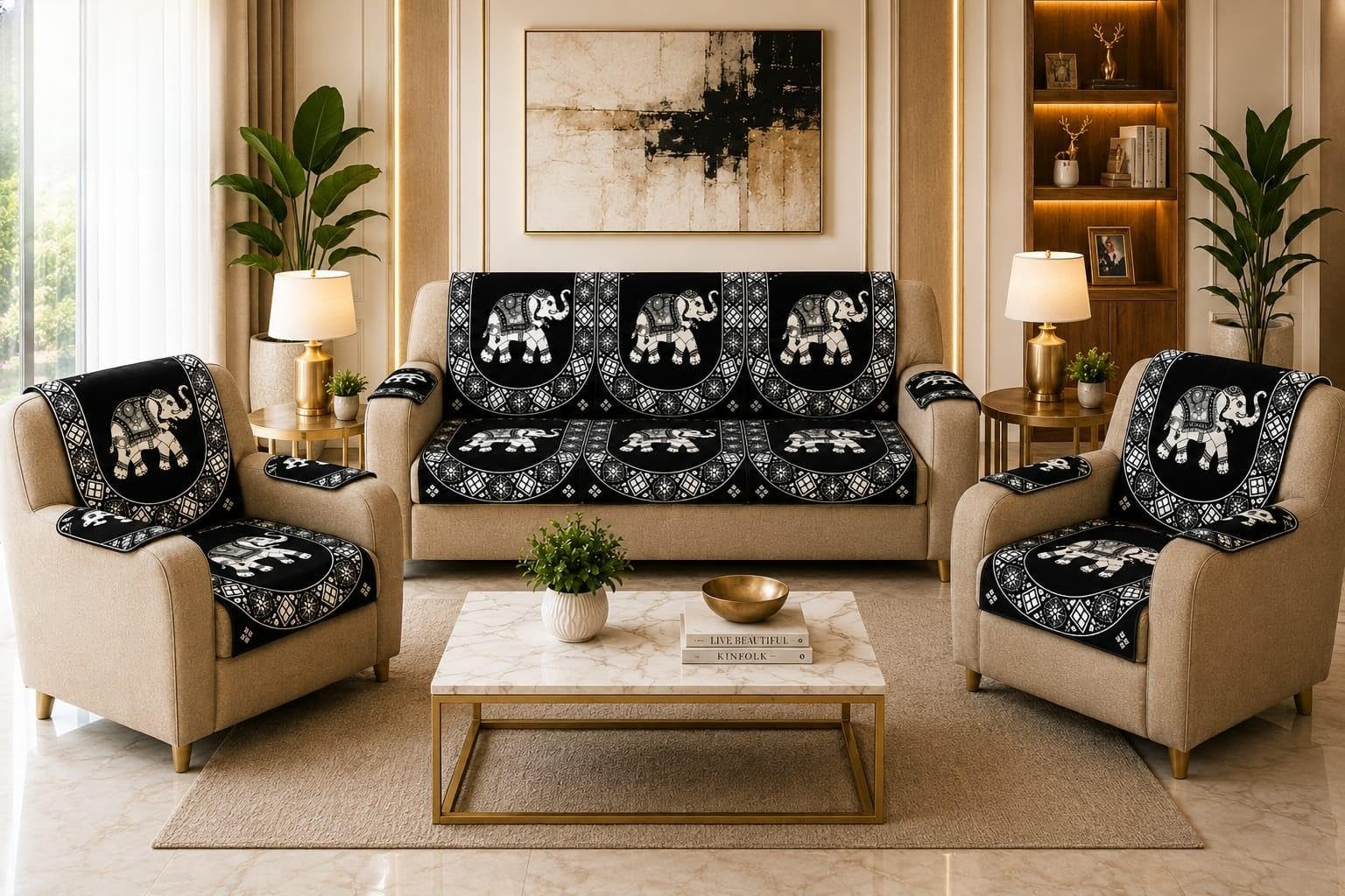 5 Seater Sofa Cover Set (3+1+1) | Black Hathi Print Stretch Sofa Cover | Anti-Slip Elastic Slipcover | Washable Furniture Protector | Soft & Comfortable Living Room Sofa Cover-image-8