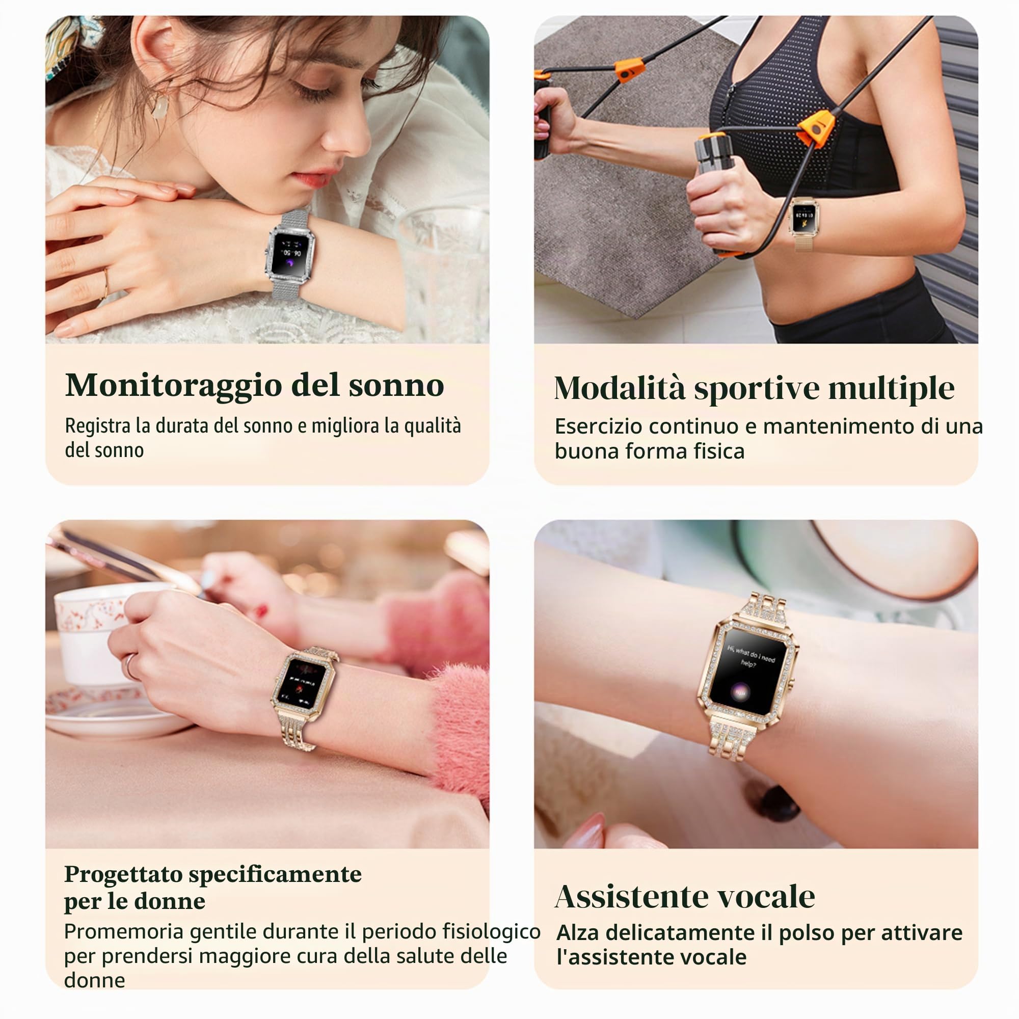 Smartwatch Donna Chiamata Bluetooth e Risposta Vivavoce, Smart Watch con Diamond Contapassi Cardiofrequenzimetro 123 Modalità Sport Orologio Fitness Tracker per Android iOS (Argento)