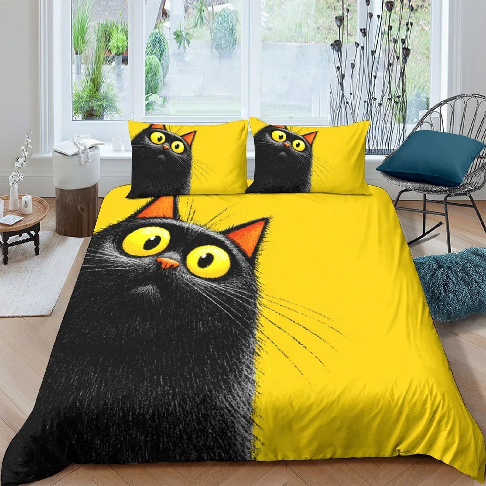 Ctjqhvkz Style-5 3D Printed Black Cat Fitted Sheet Microfiber Yellow Cartoon Mattress Cover Non Slip Machine Washable Bedroom Decor Single（135X200cm）