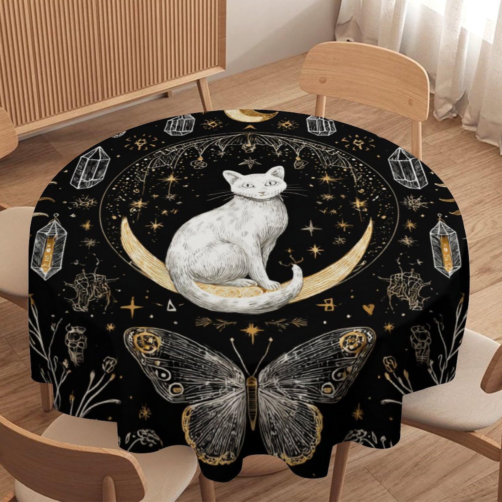 LUYYSKY Rustic Aesthetic Black Cat Round Tablecloth Cute Classic Animal Kitten Butterfly Constellation Moon Pattern Washable Decor for Table Cover for Kitchen-177.8" Wx177.8 L cm