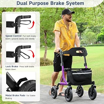 MAXWALK Foldable Rollator Walker for Seniors with Seat, 10 All Terrain