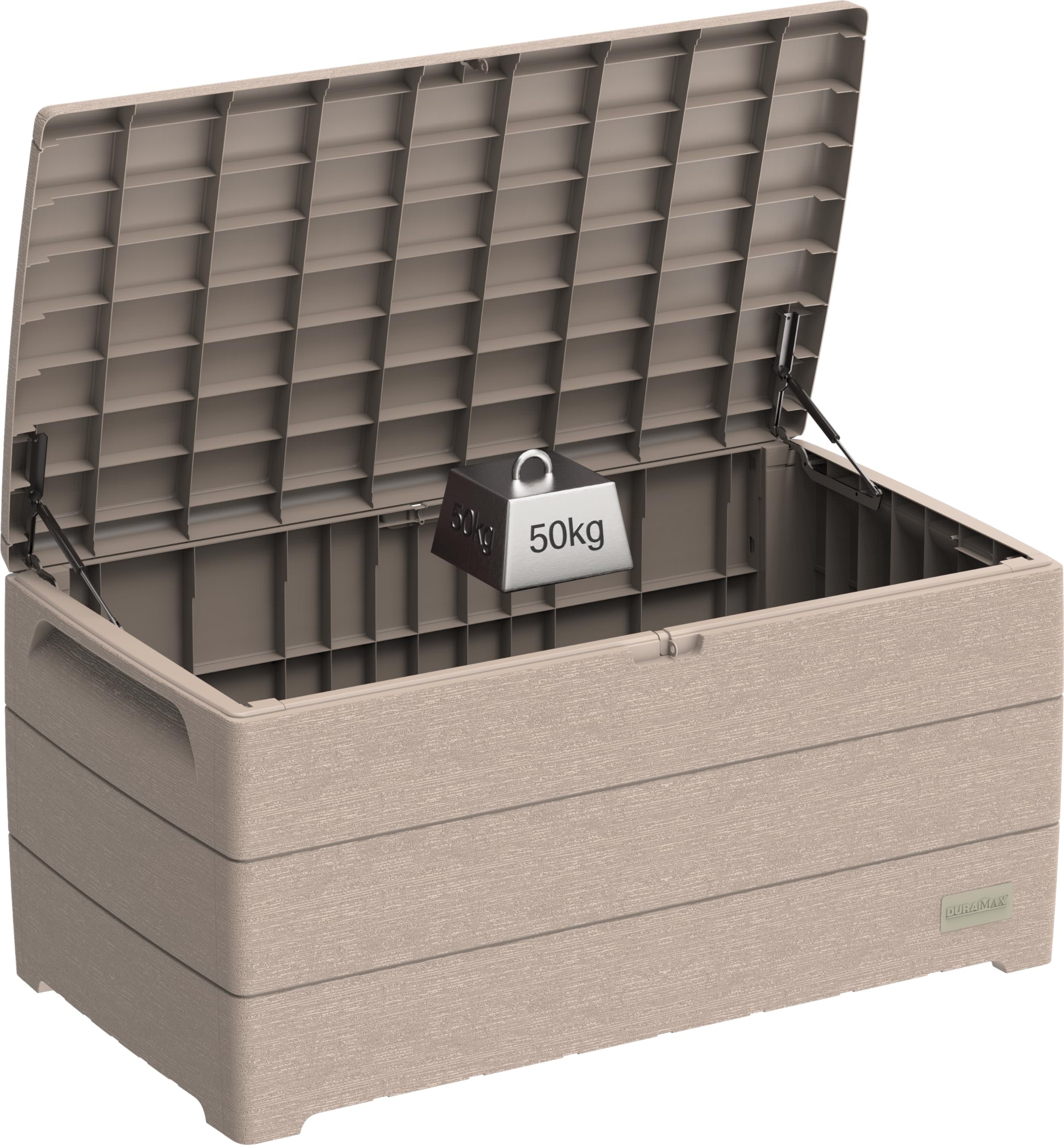 Duramax Cedargrain Durabox 270 Litri/ 71 Galloni Baule da Giardino, Cassapanca Contenitore da Esterno in plastica con ruote e maniglie, Scatole Per Esterni, Tortora caldo, 55.7 x 45.3 x 117.2 cm