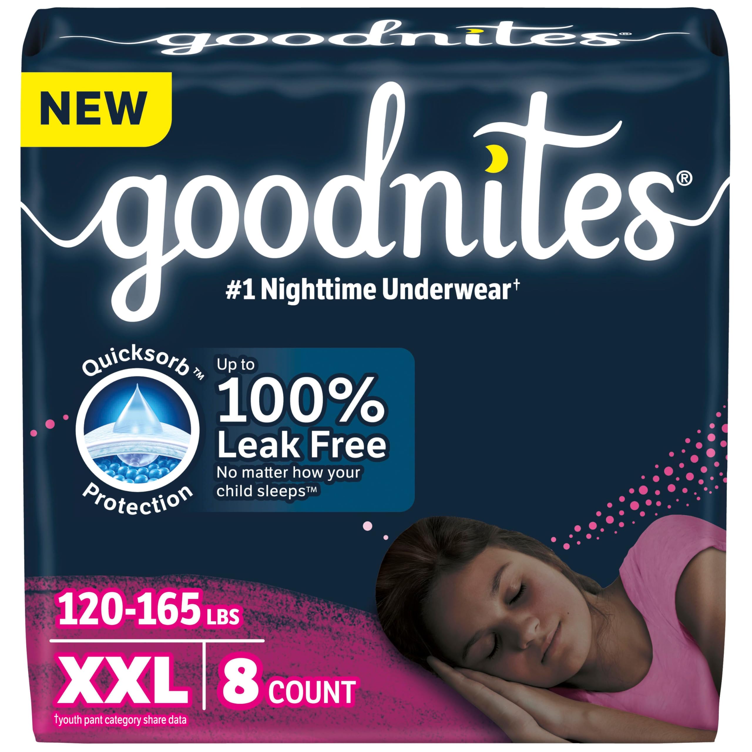 Goodnites Girls' Nighttime Underwear, Size XXL (120-165 lbs), 8 Ct, Packaging May Vary