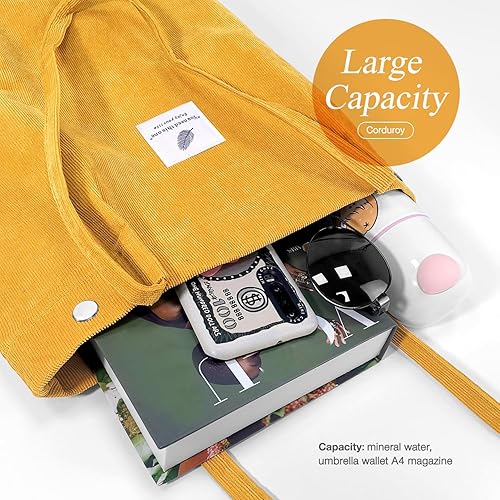 Vista 101 de Tote - Bolsa de hombro reutilizable de pana de gran capacidad con bolsillos interiores para mujeres y niñas Rayas