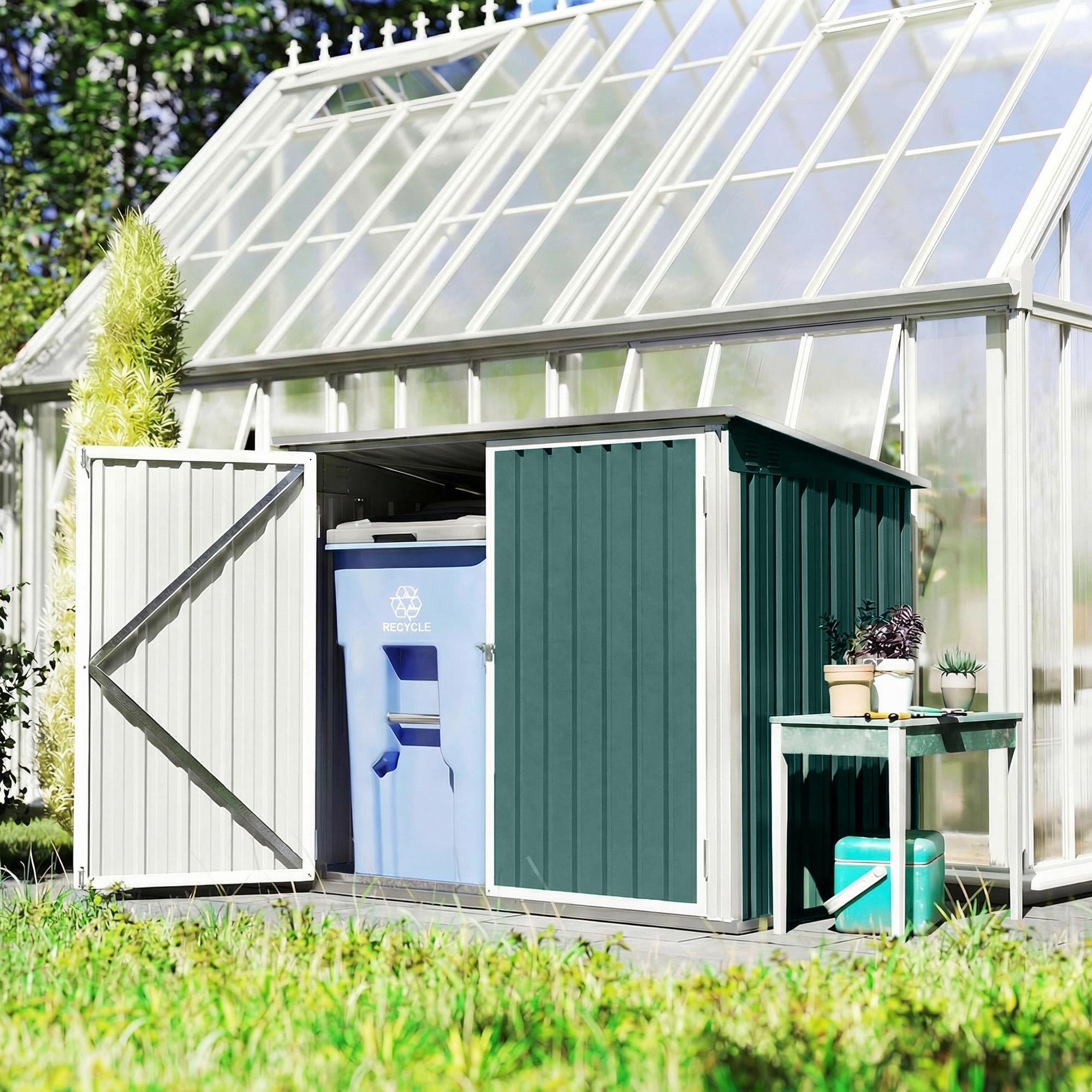 Outsunny Cache Poubelle Double Acier Galvanisé pour 2 Poubelles de 240L - Abri de Jardin avec Couvercle Lié par Chaînes, Vérins à Gaz et Portes Verrouillables - Coffre de Jardin 179,5x108x129,5cm Vert