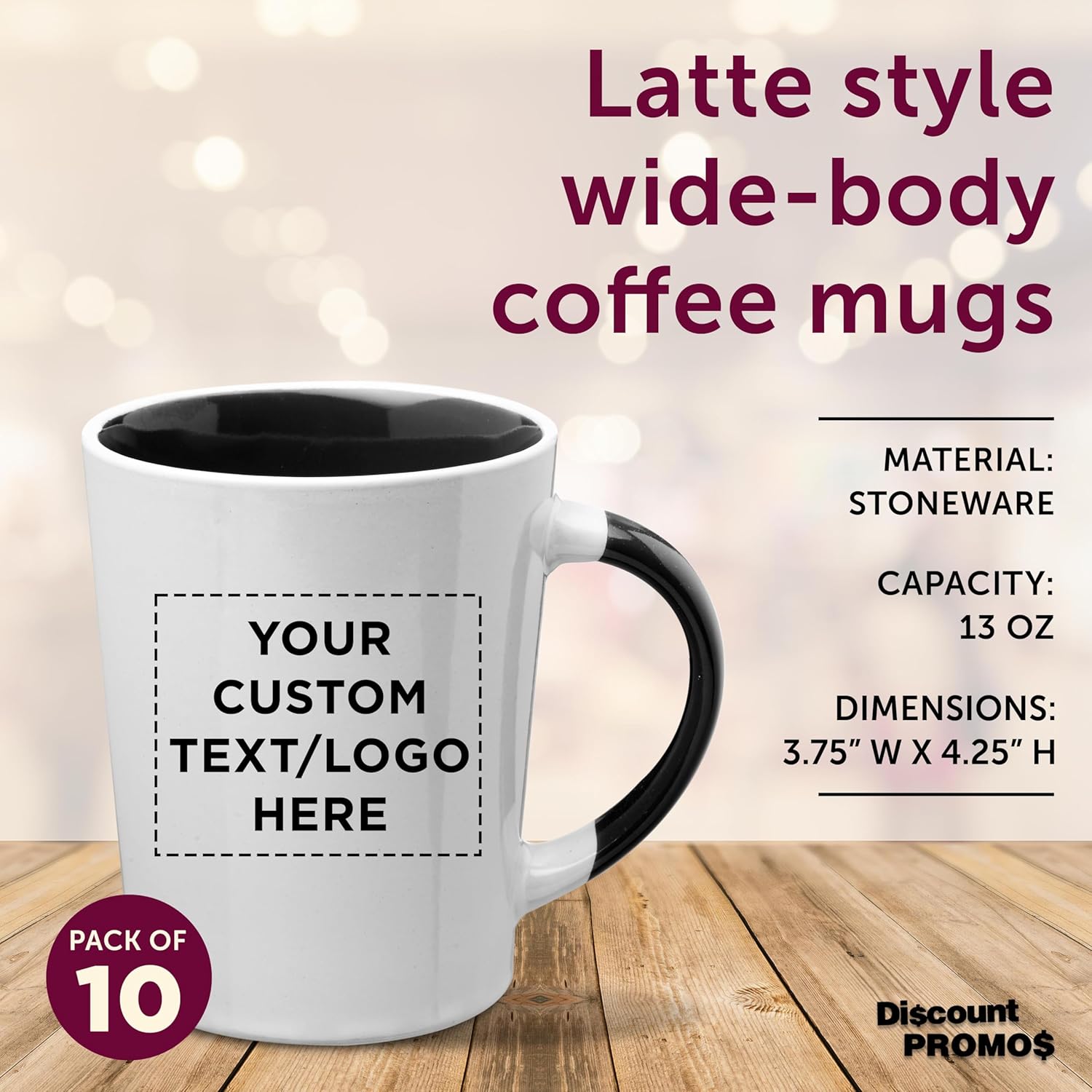 Custom Ceramic Latte Coffee Mugs by Albany 13 oz. Set of 10, Personalized Bulk Pack - Perfect for Coffee, Tea, Espresso, Hot Cocoa, Other Beverages - Black
