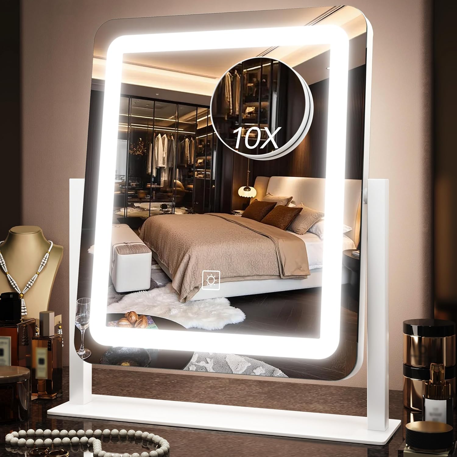 15" x13" Vanity Mirror with Lights, LED Makeup Mirror with Lights,10X Magnification Vanity Mirror with 360°Rotation, 3 Color Modes ＆ Dimmable Lighted Mirror Makeup for Desk, Travel, White