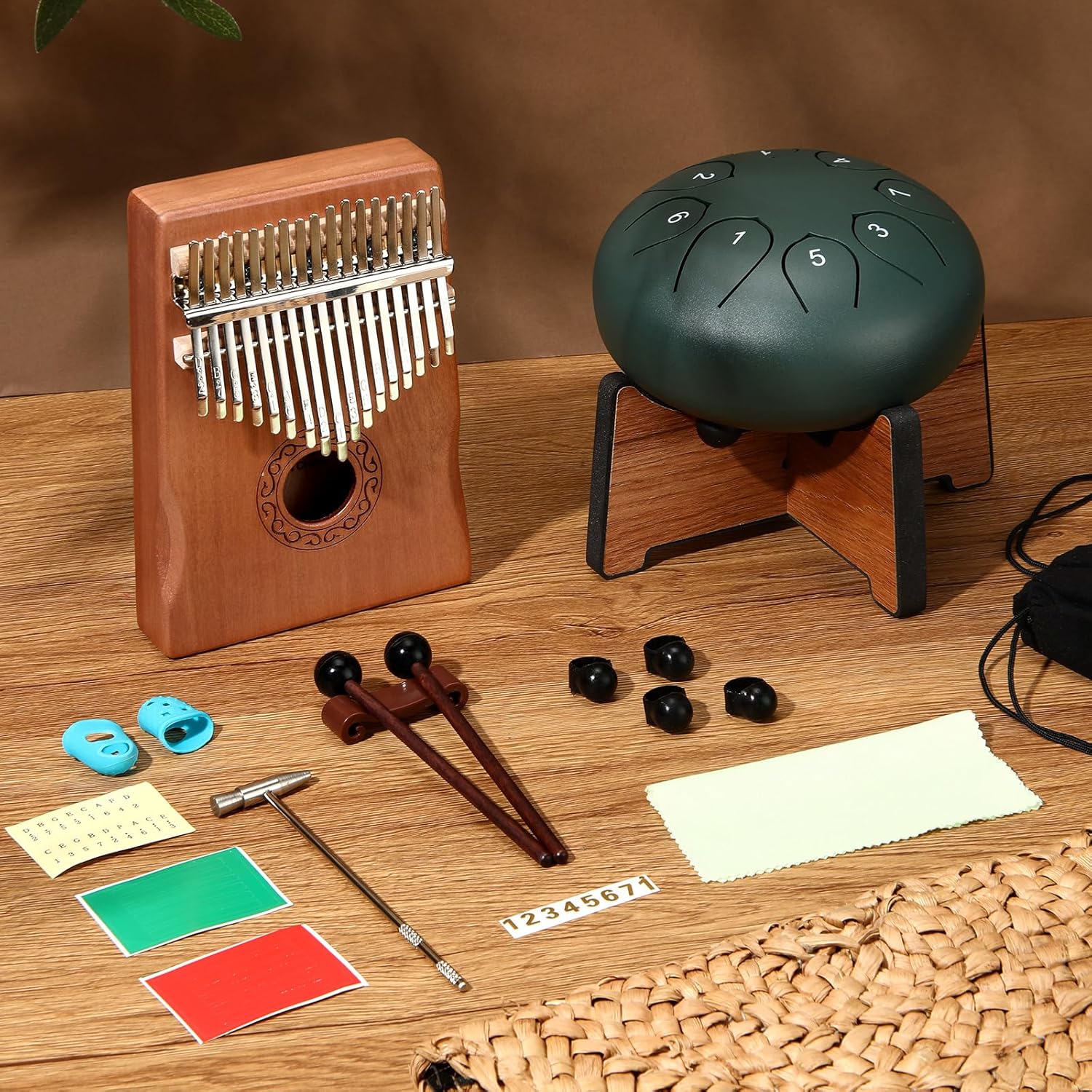 Rain Drum for Outside Garden Kalimba Thumb Piano Musical Instruments Set 8 Notes 6 Inches Steel Tongue Drum Rain Chimes 17 Keys Finger Piano for Beginners Gift(Mineral Green)