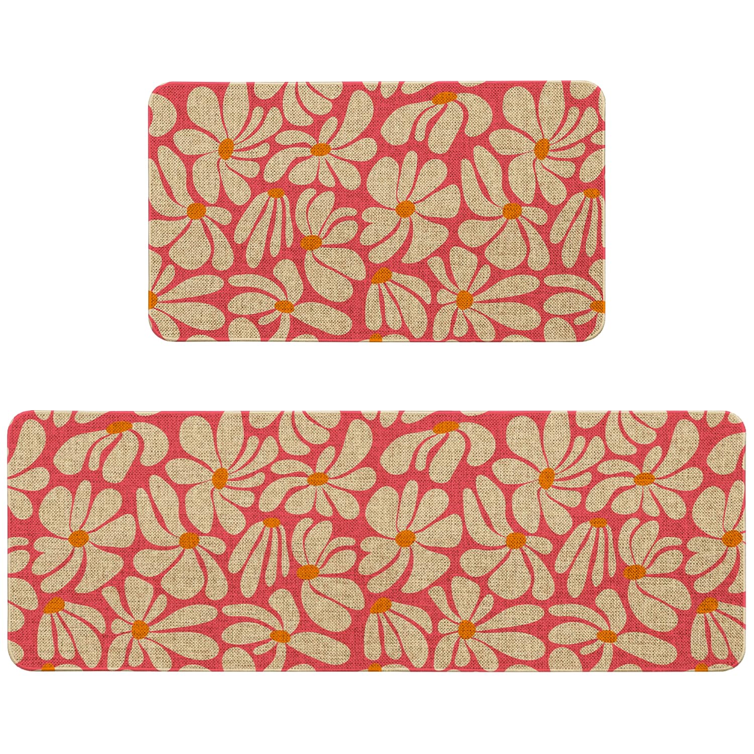 Spring Daisy Floral Kitchen Mats Decor, Pink Retro Groovy Flower Power Kitchen Rugs Sets of 2