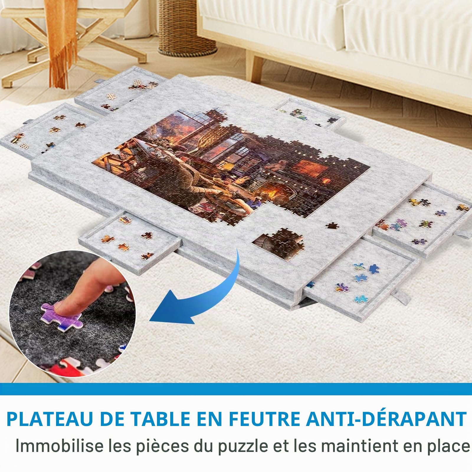 Table de puzzle 1000 pièces – Plateau à puzzle inclinable avec support et couvercle 2 en 1, super léger plateau de puzzle en feutre avec 6 tiroirs, plateau de puzzle portable, surface
