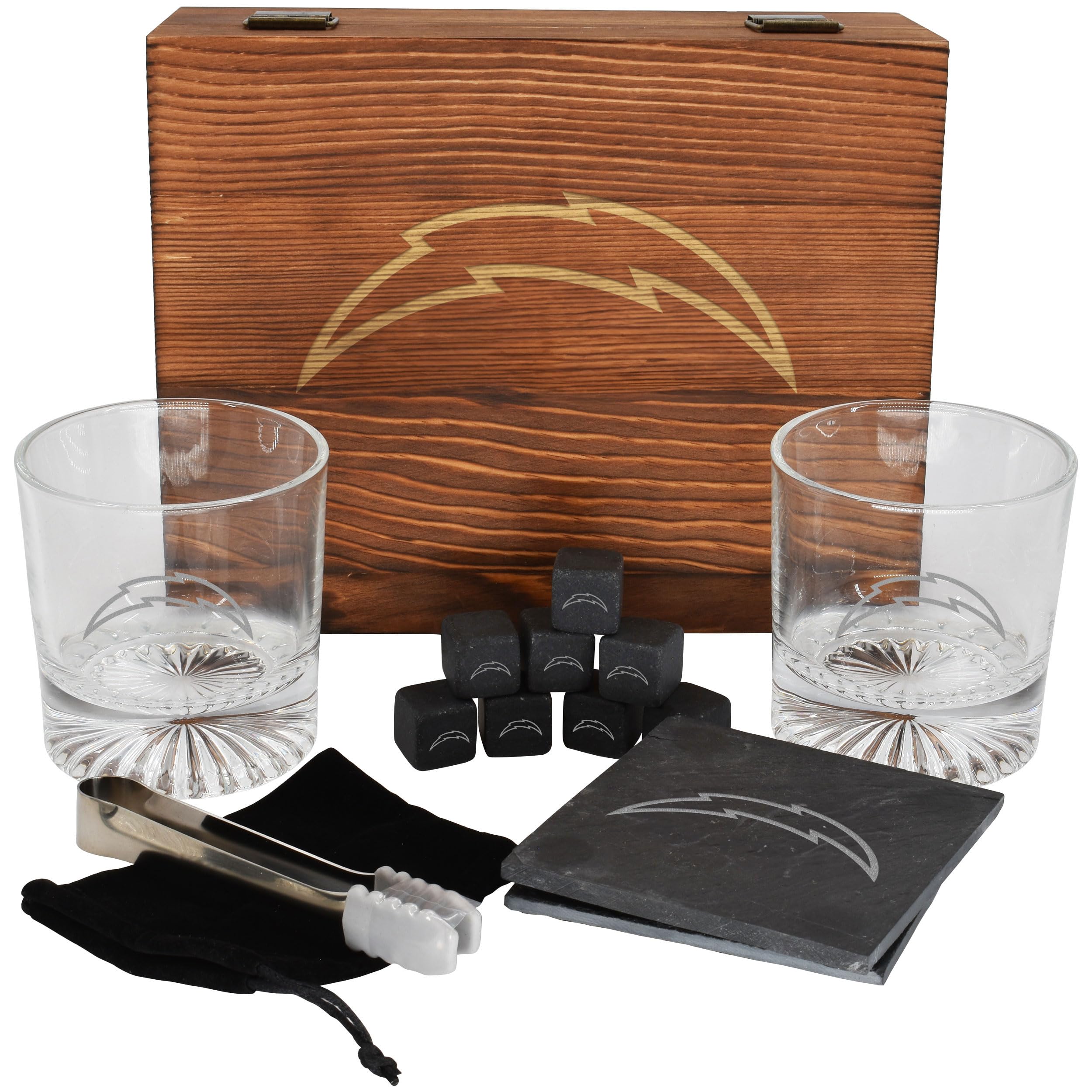 The Memory Company Licensed NFL Wood Boxed Drinkware Gift Set - Includes 2 Premium Rock Glasses, Cooling Cubes, Tongs, and Coasters, Los Angeles Chargers