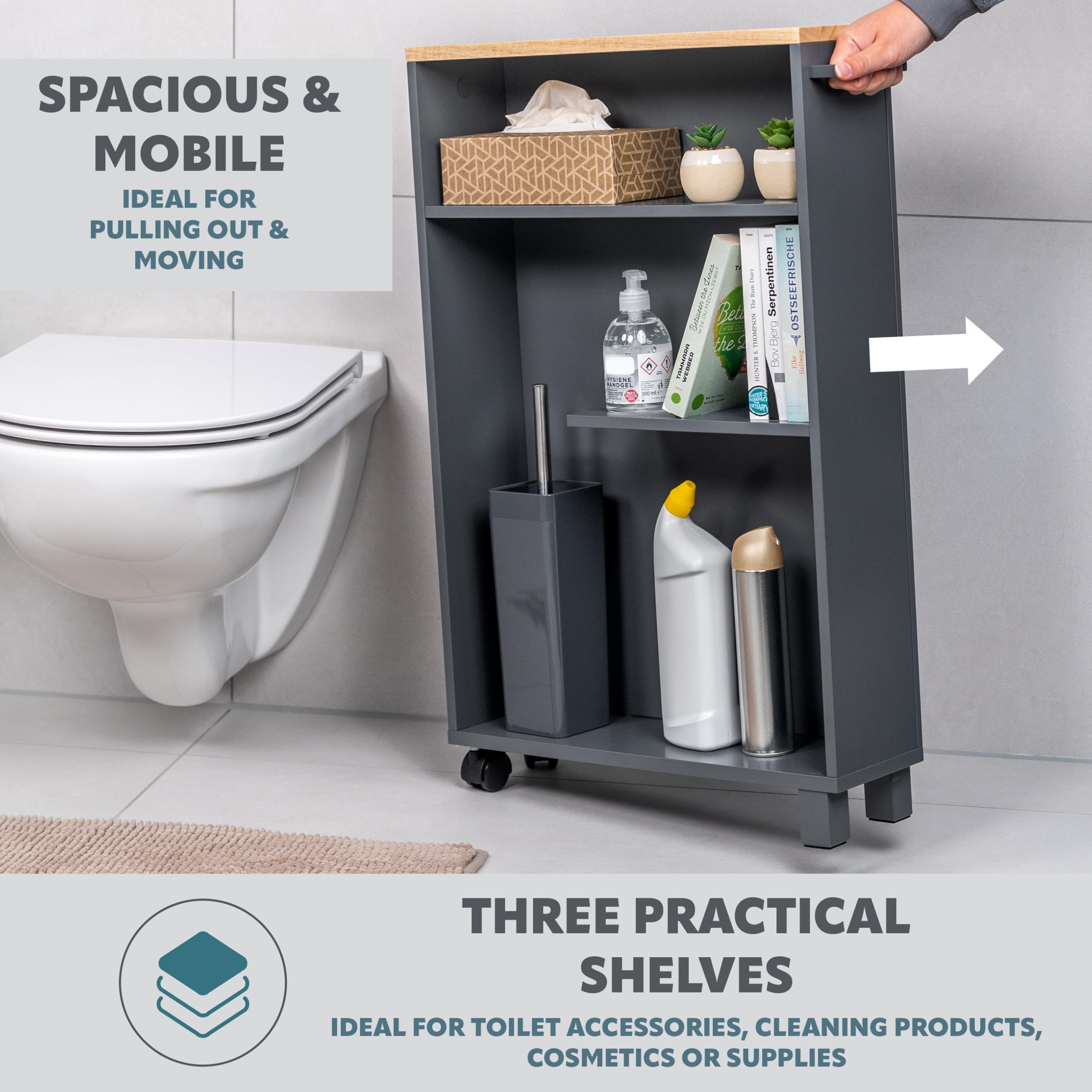 eluno Carrello da bagno per nicchia da cucina, carrello da cucina, organizer da bagno a 3 livelli, in legno (Grigio-legno)