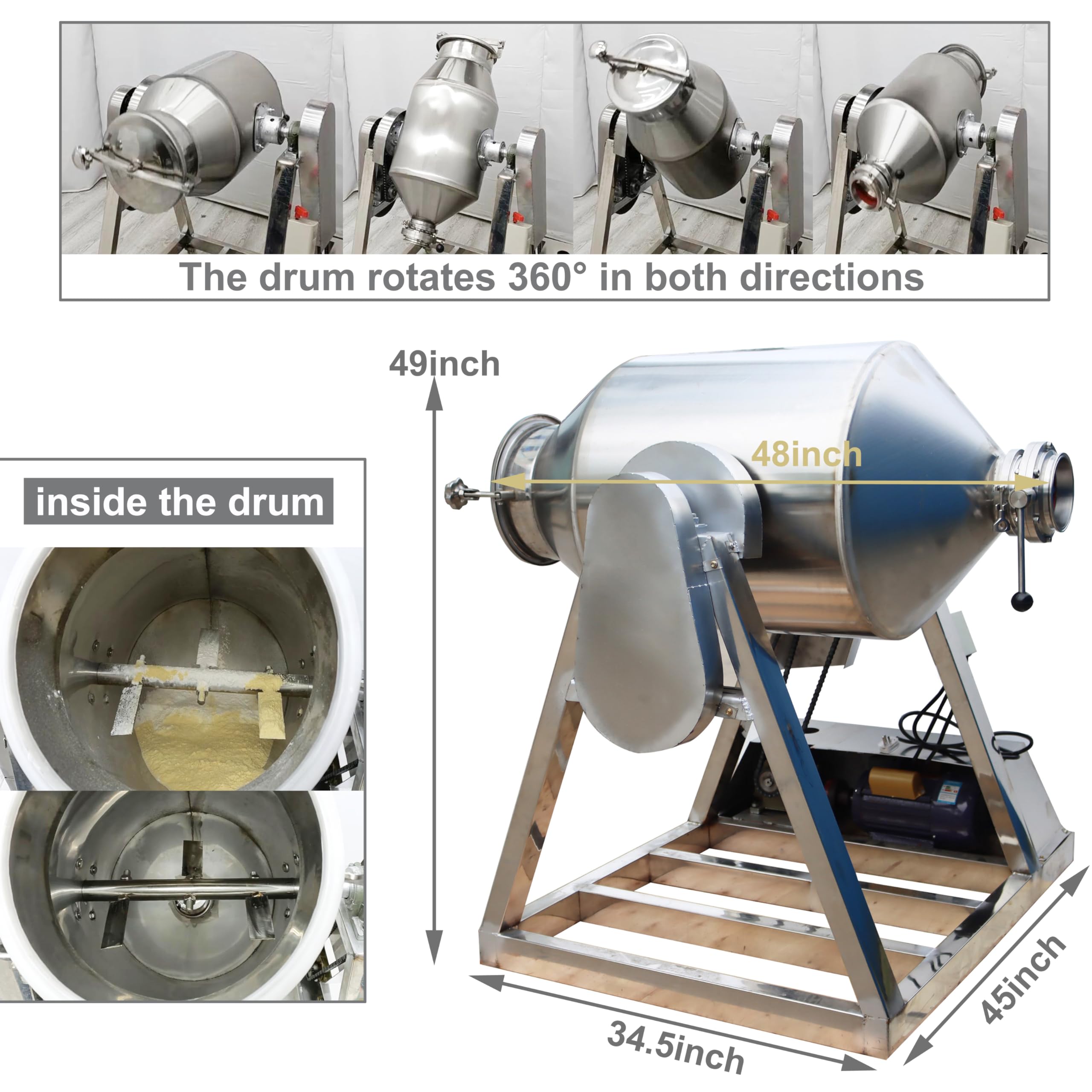 TECHTONGDA Dry Powder Mixer Drum Tumbler Blender Feed Grain Mixing Machine 50gallon Barrel for Particle Granula Flour Salt Rotate 360°