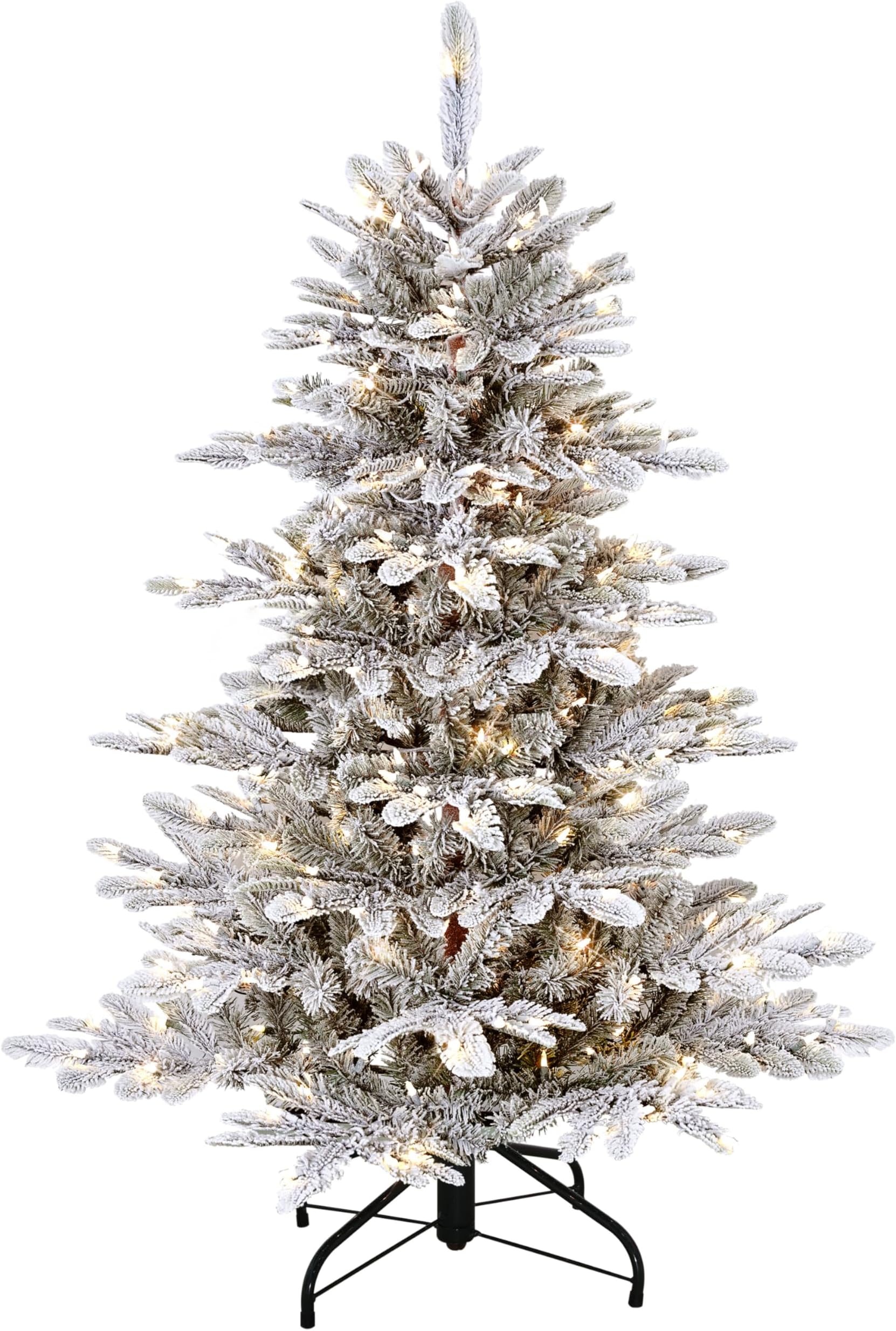 4.5ft Pre-Lit Flocked Aspen Fir Christmas Tree with 250 Clear Lights, 411 Realistic Dense Snow Flocked Branch Tips, Easy Setup Artificial Trees with Sturdy Metal Stand