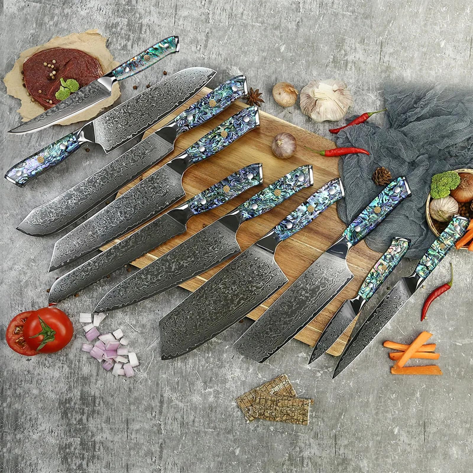 Damascus Kitchen Knife Set Steel with Ergonomic Handle Kitchen Accessories Dishwasher Safe - Cooking Tools Home Gift Restaurant