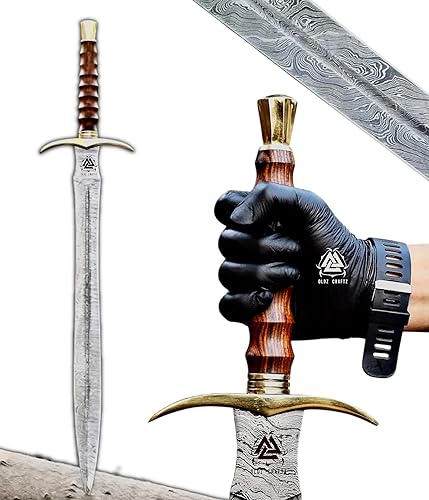Espada vikinga de Damasco hecha a mano de 38 pulgadas, real medieval LARP Cosplay nórdico espadas con funda de cuero, mango de palisandro, réplica