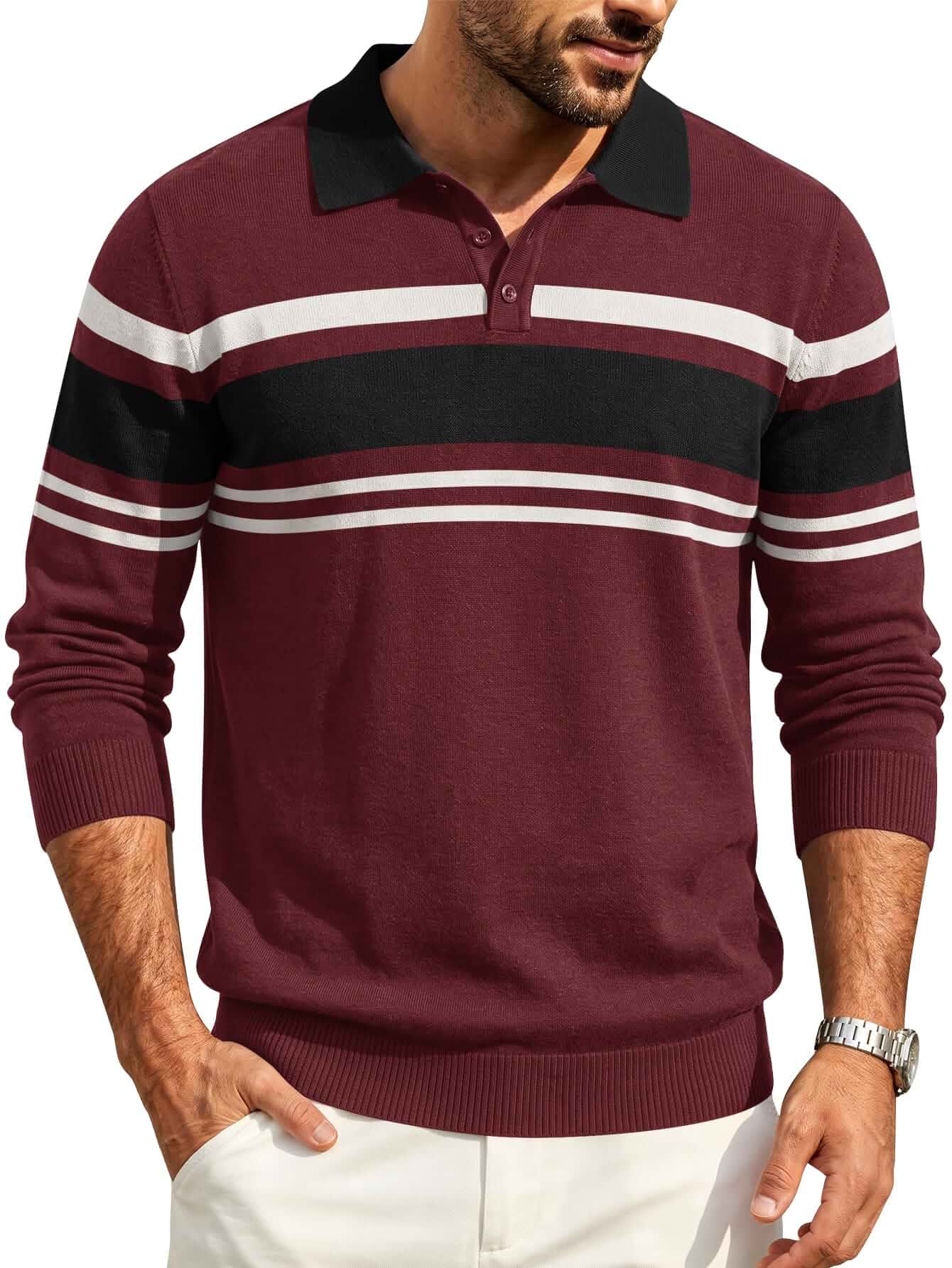 Hardaddy Mens Long Sleeve Polo Shirts Casual Knit Striped Collared Sweater Quarter Button, Color Block Style, Pullover, Collared, Knitted, Classic, Dress, Golf, Casual, Fall winter Layering Sweater