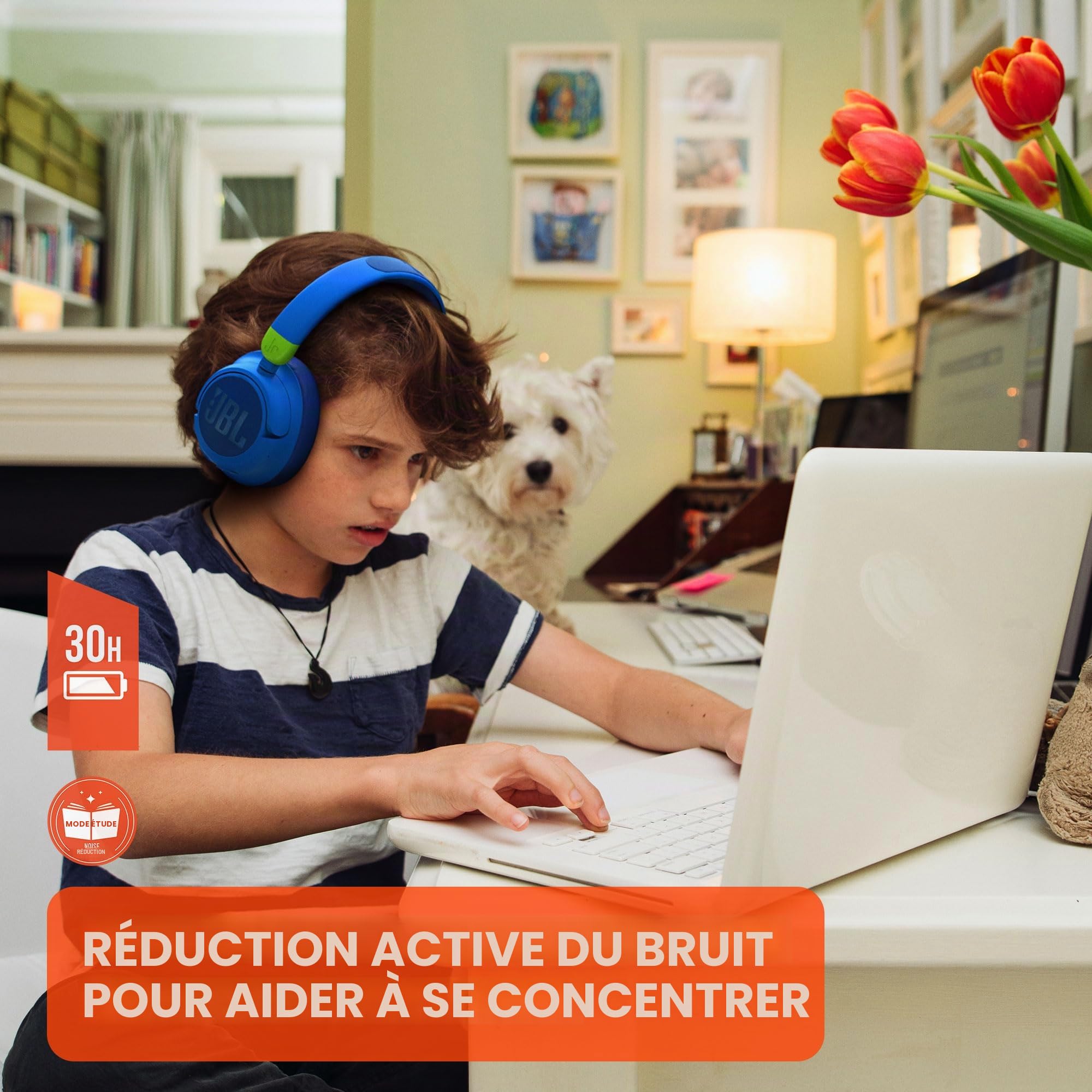 JBL JR460NC – Casque sans fil à Réduction de Bruit Active pour enfants – Avec micro et technologie Bluetooth – Volume limité à 85 dB – Autonomie de 20 hrs – Blanc