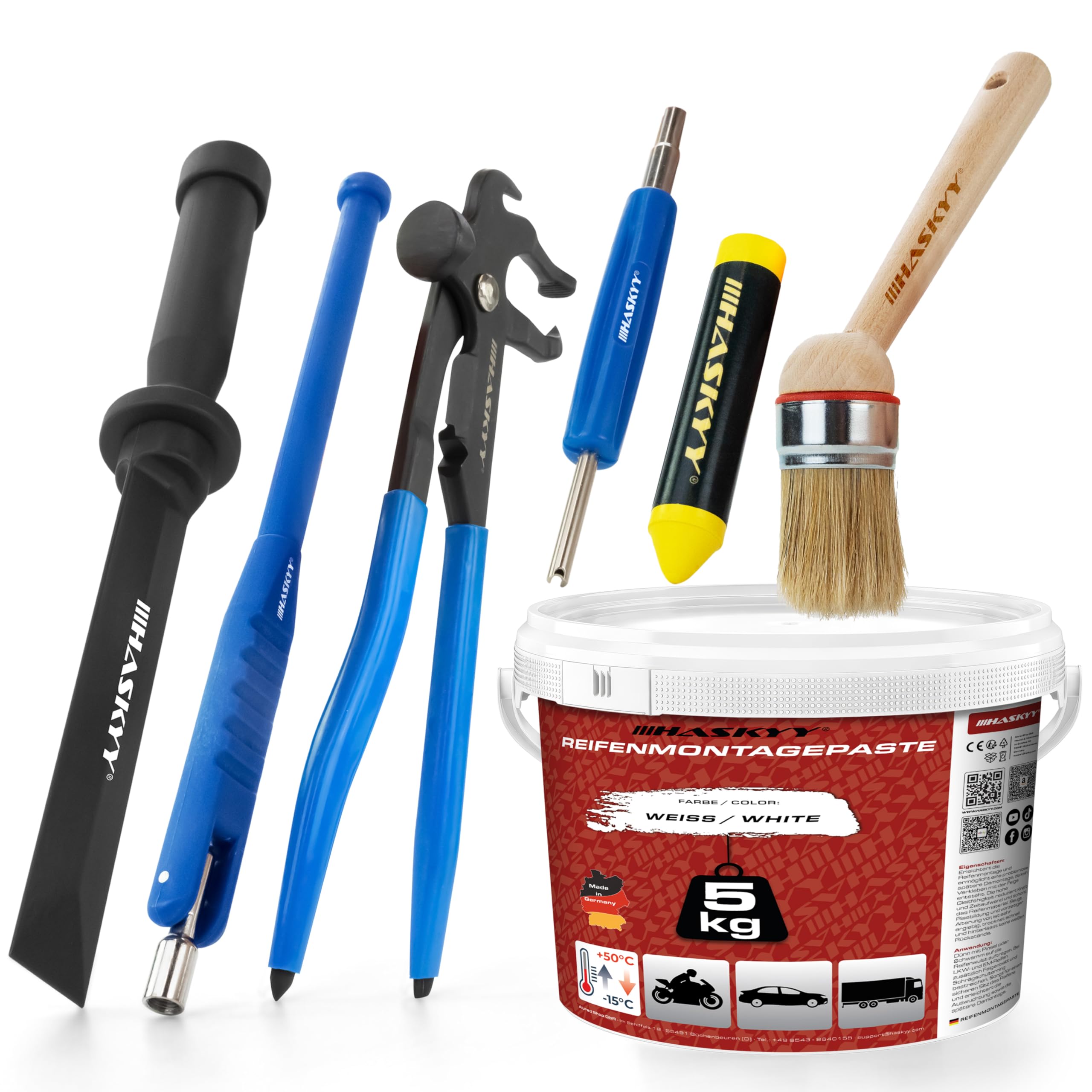 HASKYY 5kg Reifenmontagepaste Montagepaste Weiß Reifenmontage Set inkl. Ventildreher, Ventileinzieher, Auswuchtzange für Schlaggewichte & Fettkreide