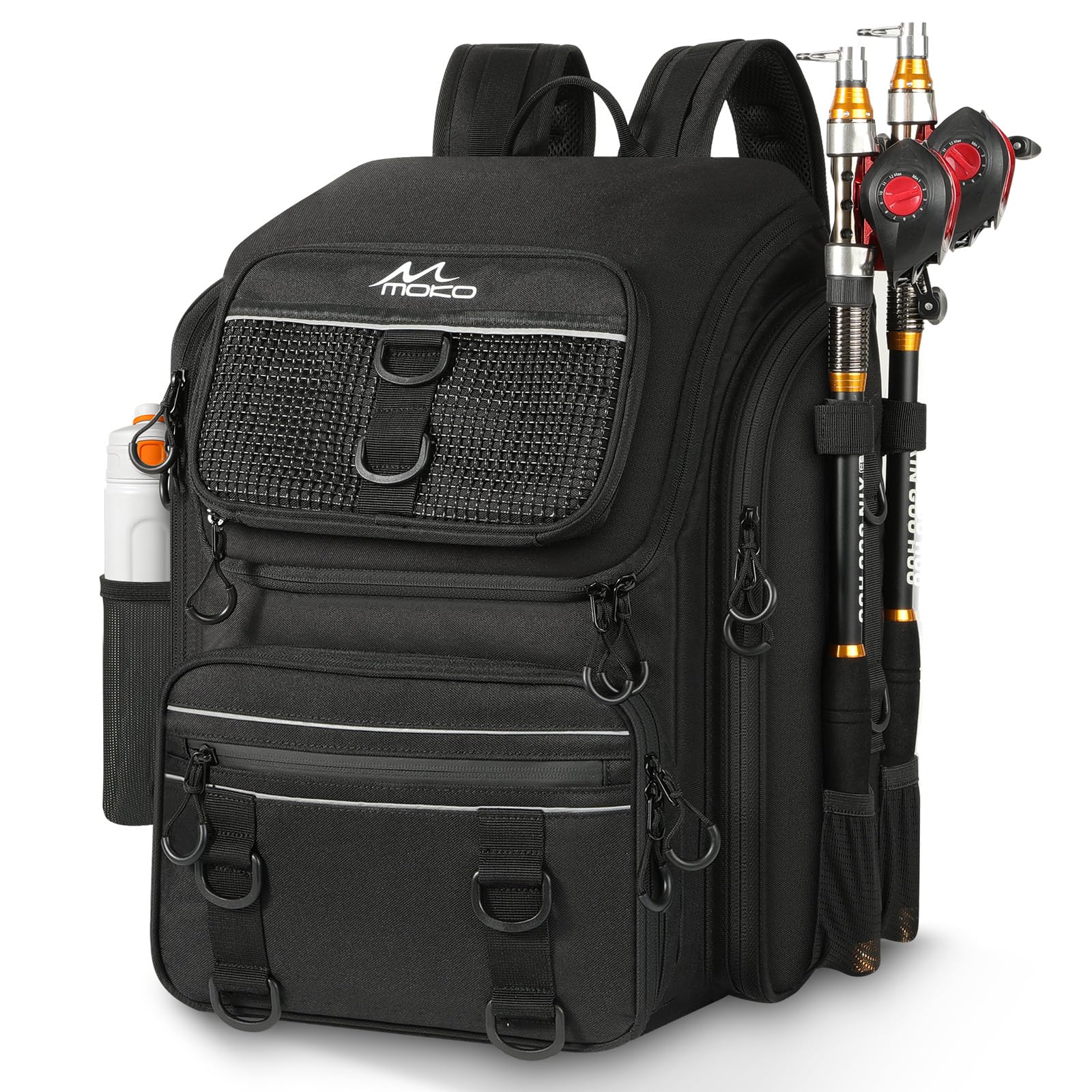 MoKo Mochila de Pesca, Mochila Grande 40L con portacañas y Carpeta de Cebo para Guardar el Equipo de Pesca y el Equipo de Senderismo y Camping, Regalos para Hombres y Padres, Negro
