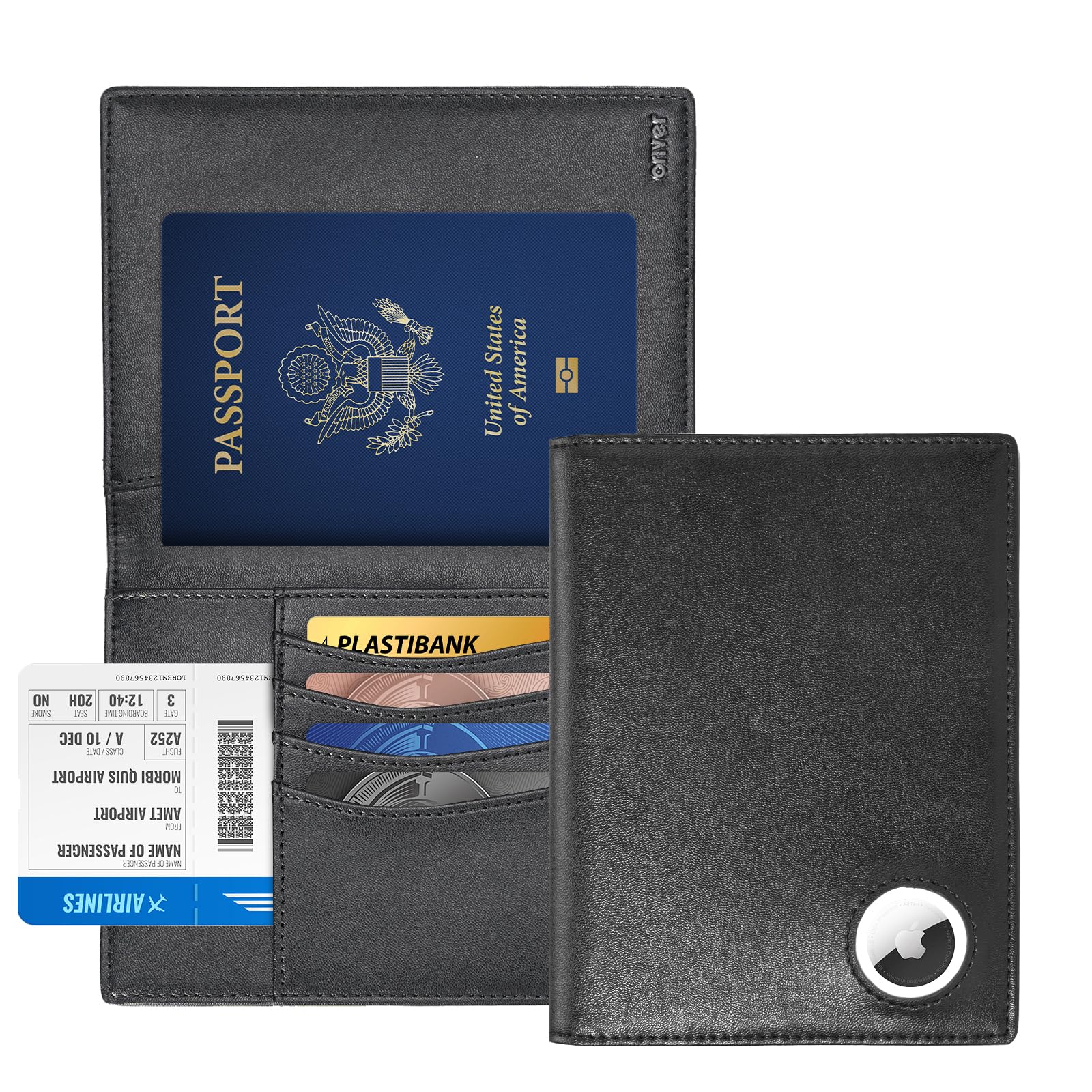 Passport Wallet With Airtag for Travel, Leather Passport Holder for Men and Women, RFID Blocking Bifold Passport Cover With Credit Card Holder (Black)