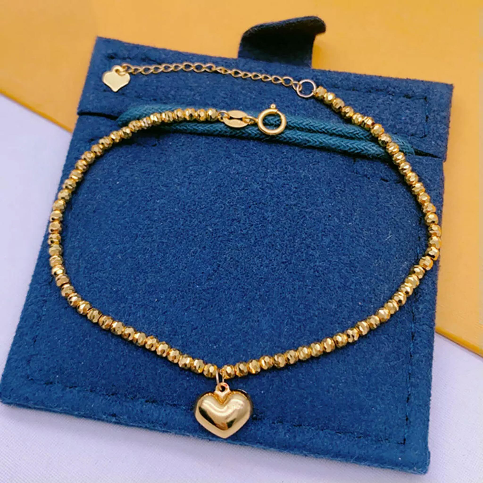 Pulsera de Cadena de eslabones con Dije de corazón y Cuentas de 1,8 mm de Ancho en Oro Amarillo Real de 18 Quilates
