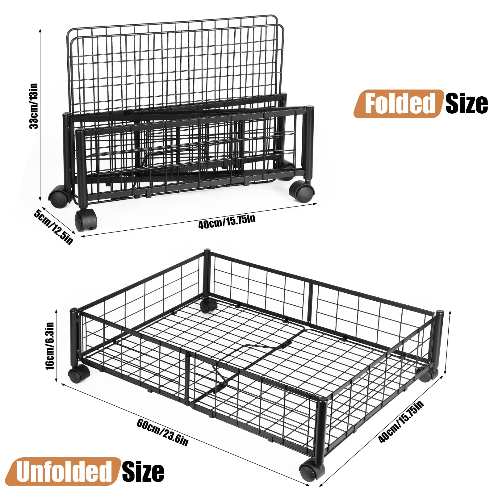 Kmise Underbed Storage With Wheels,Metal Under Bed Storage Containers For Bedroom Clothes Blankets Toy Book Bedding Shoes Storage Organizer (4 Pcs, Black)