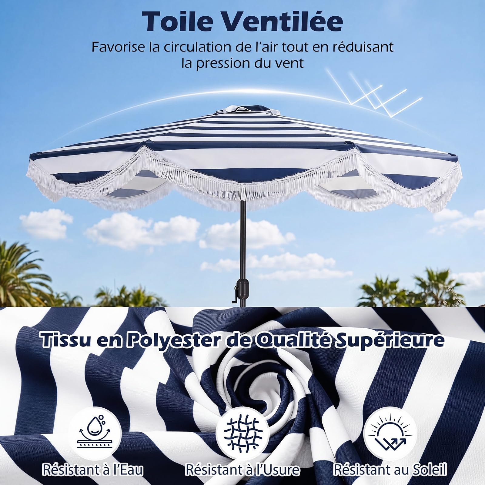 COSTWAY Parasol de Jardin Exterieur sans Pied Ø2,7M, Parasol Plage à Volants avec Franges, 30° Inclinaison, 8 Baleines, Manivelle, Tissu en Polyester, pour Piscine Balcon Terrasse