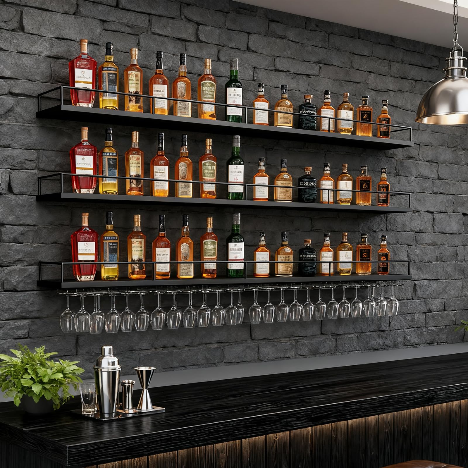 160CM Botellero de Pared Industrial Luz LED, 3 Niveles Moderno Botellero de Metal con portavasos de, Multifuncional Estante para Vino Apto para Cocina, Bar, Cafetería y decoración (Negro)