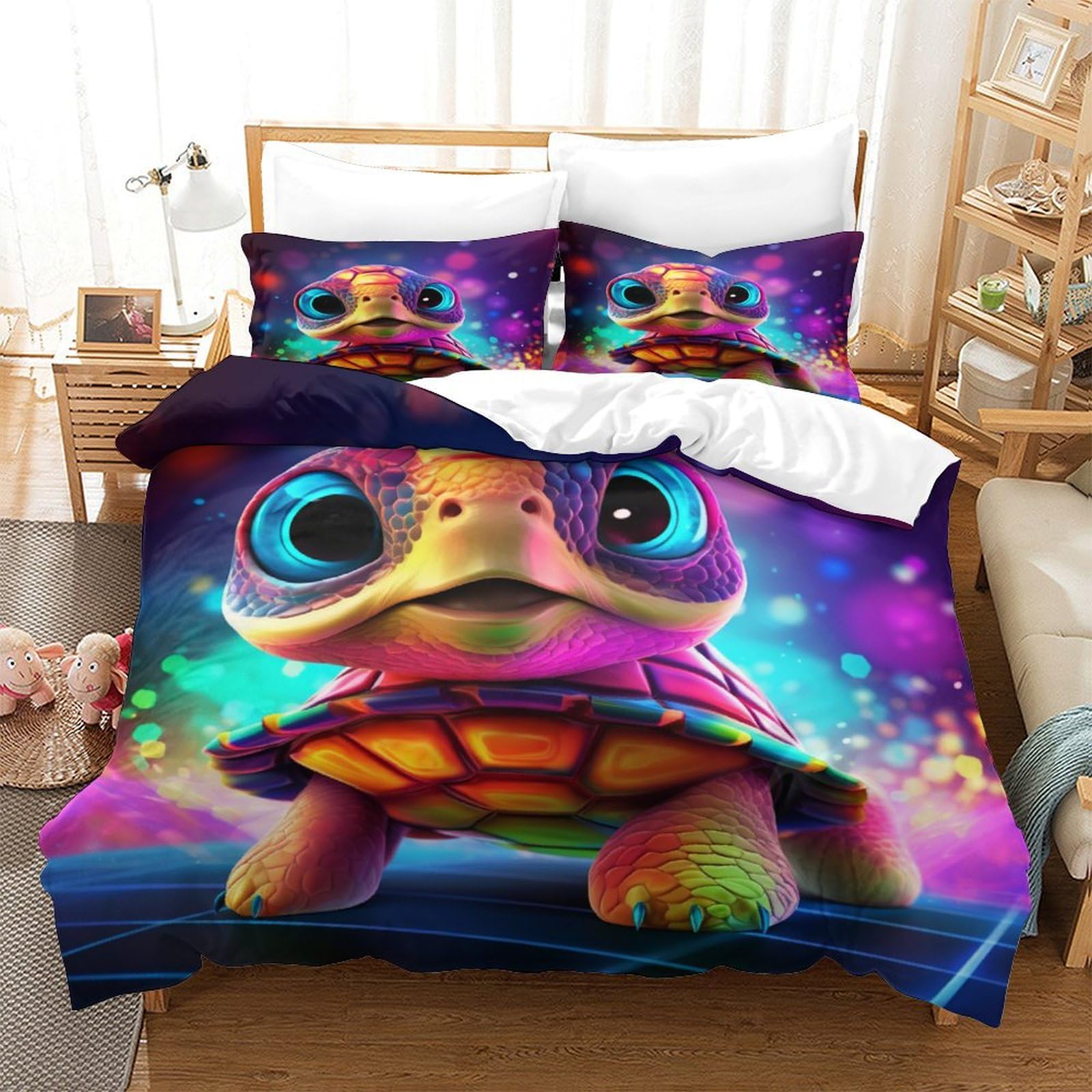 Housse de couette tortue marine 3D 260x220 cm avec ses 2 taies d'oreiller super king en microfibre