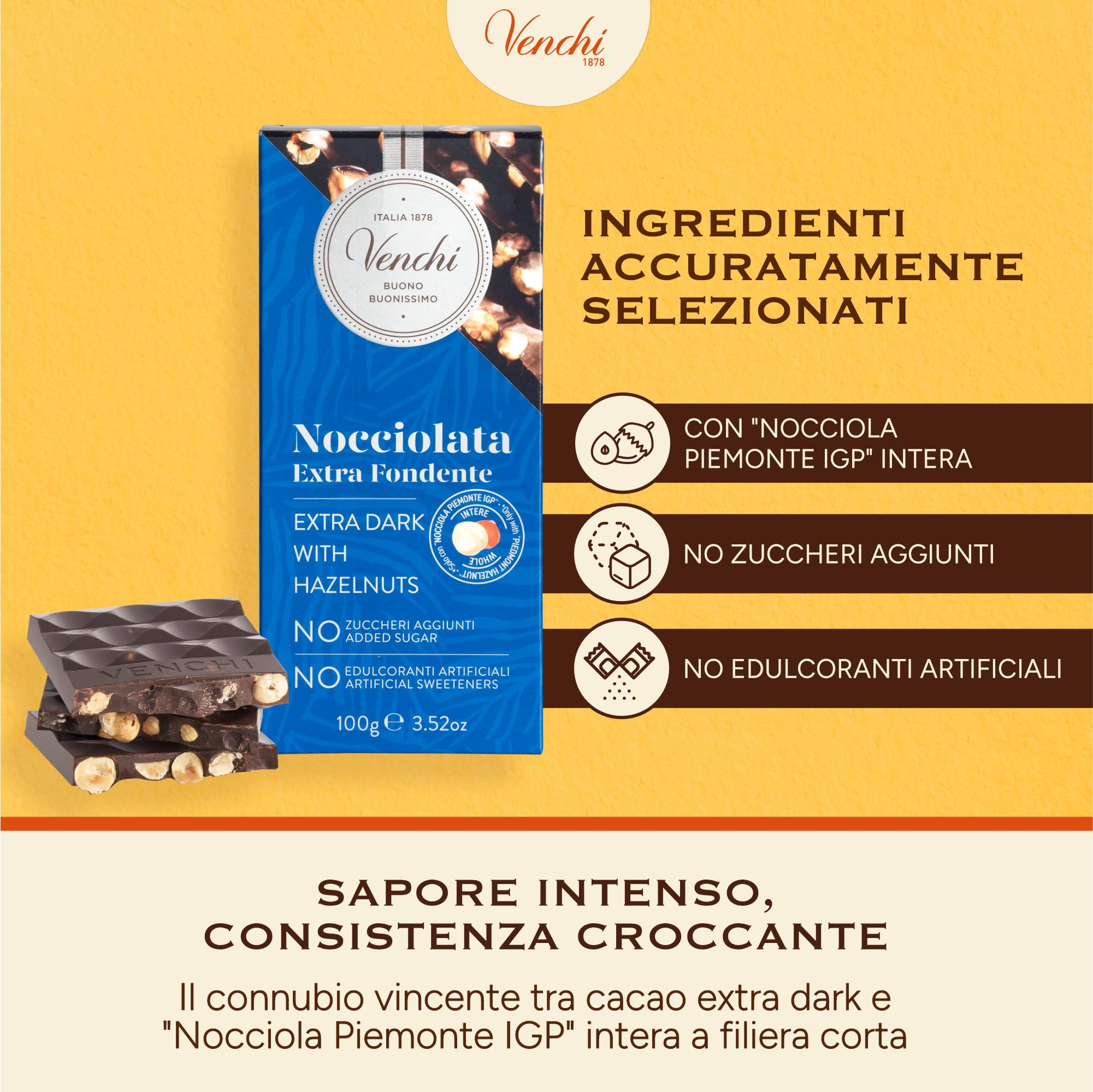 Venchi - Kit di 6 Tavolette Nocciolate Extra Fondenti, 600 g - NO Zuccheri Aggiunti - NO Edulcoranti Artificiali - Senza Glutine - Vegano - Idea Regalo