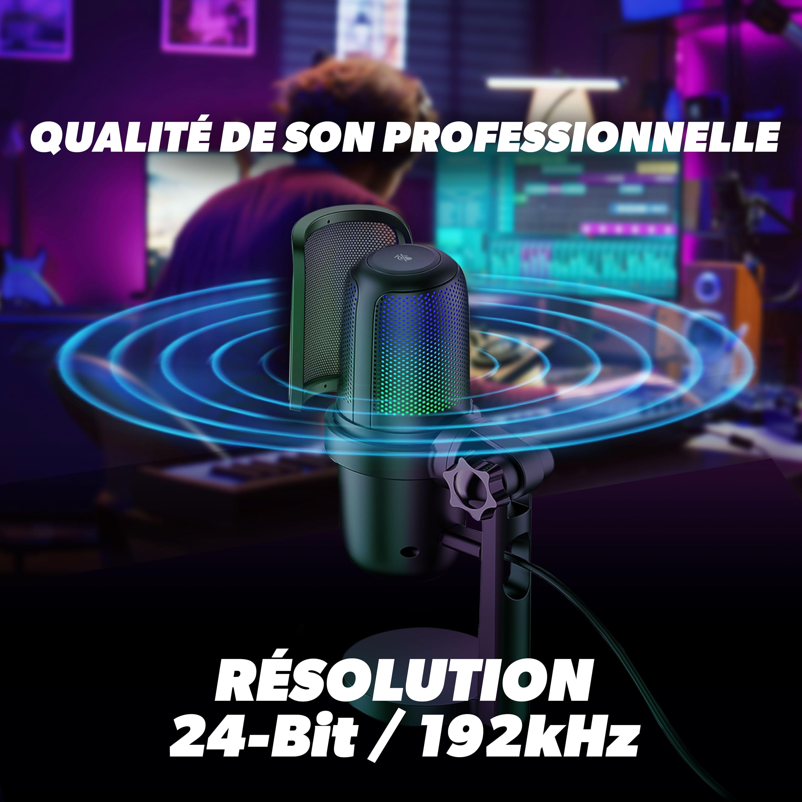 T'nB - Microphone USB à Condensateur pour PC et PlayStation PS4/PS5, Microphone Gaming Lumière RGB, Streaming et Podcast, idéal Youtube, Twitch, Discord et Jeux Vidéo - Noir