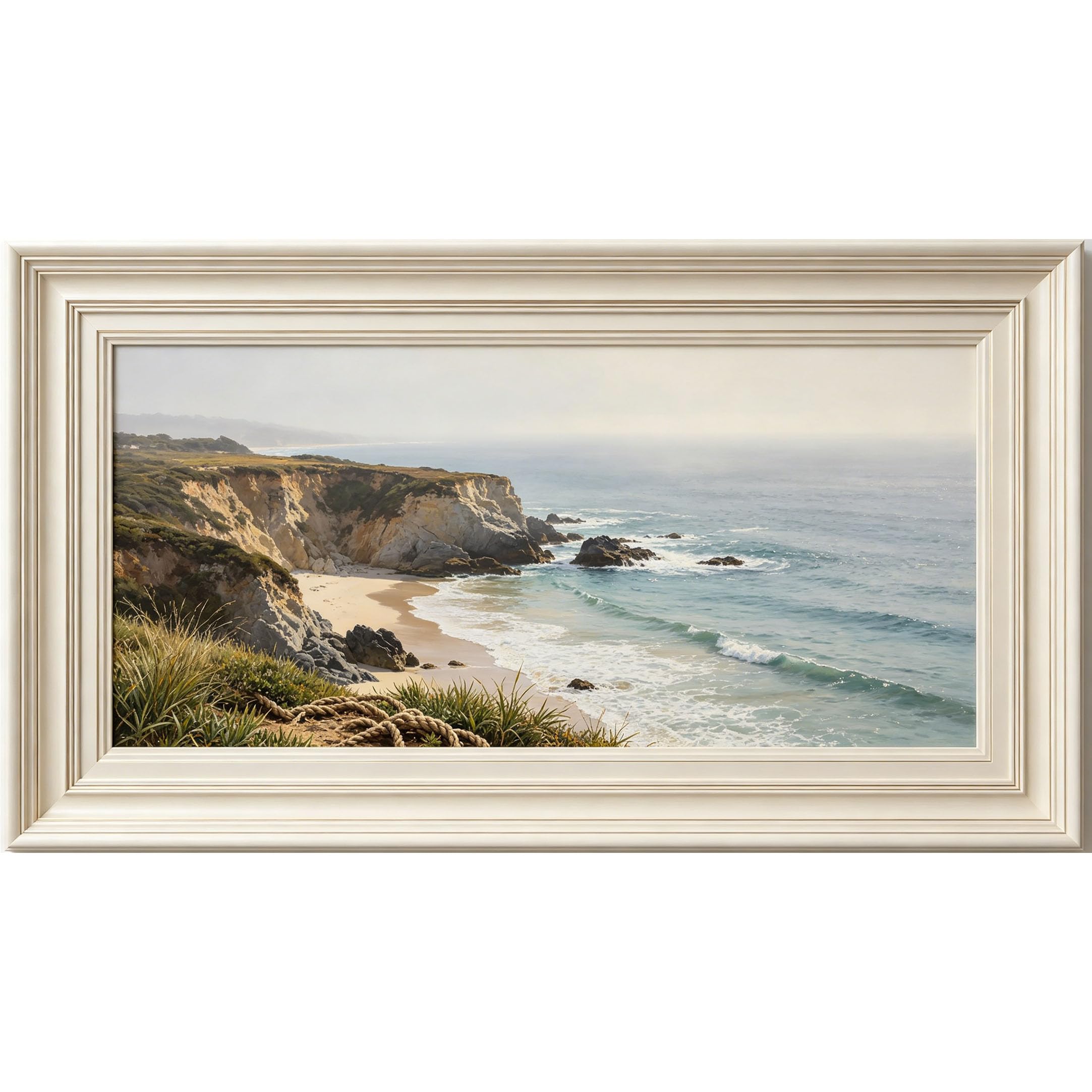 QZLITHOTIC 50x90cm3D Framed Wall Art， Coastal Ocean Cliff Beach Landscape Self‑Adhesive Mural， Water‑Activated Peel & Stick Fabric Decor Wall Decal for Bedroom Living Room
