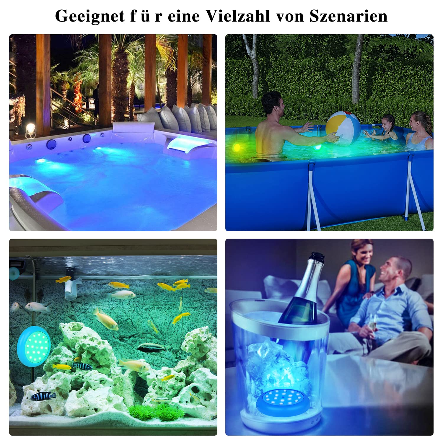 LED Poolbeleuchtung Unterwasser für Aufstellpool, 10W RGB Unterwasser LED Licht Magnet mit 18 LED Perlen, für Frame Pool Stahlwandpool Aquarium Badewanne, IP68 Wasserdicht, 7m Kabel
