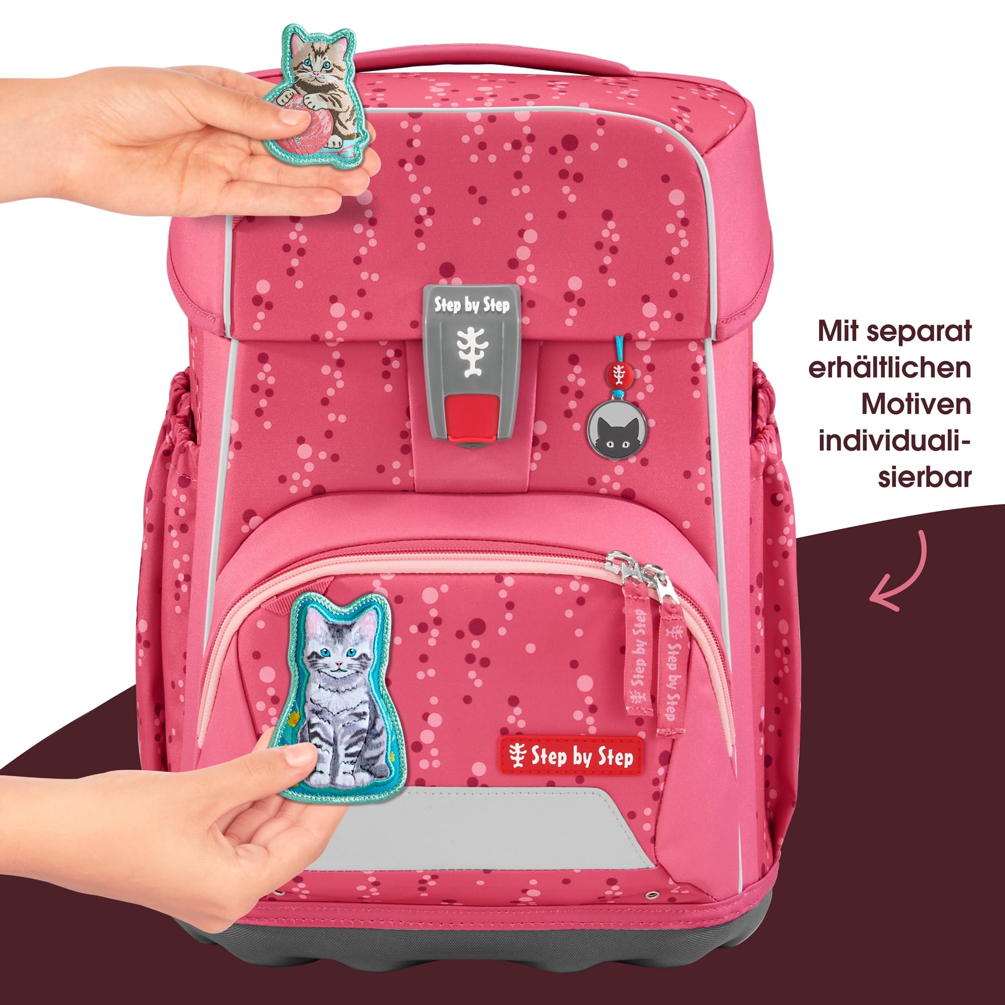 Step by Step Basis Schulranzen-Set „Pink Bubbles“, 4-teilig, rosa, ergonomischer Tornister mit Reflektoren, Hüft- und Brustgurt, für Kinder ab der 1. Klasse, 20 Liter