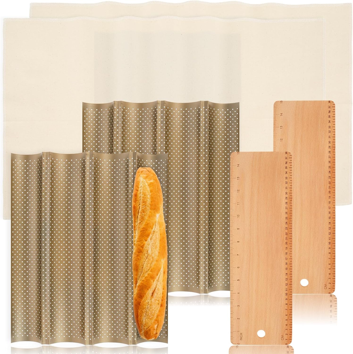 2Pcs French Bread Pan Kit with Wood Transfer Board Fermentation Cloth Nonstick Loaves Tray Heat Resistance Loaves Pan Set Perforated French Bread Baking Pan French Bread Pan for Baking 37.5x3