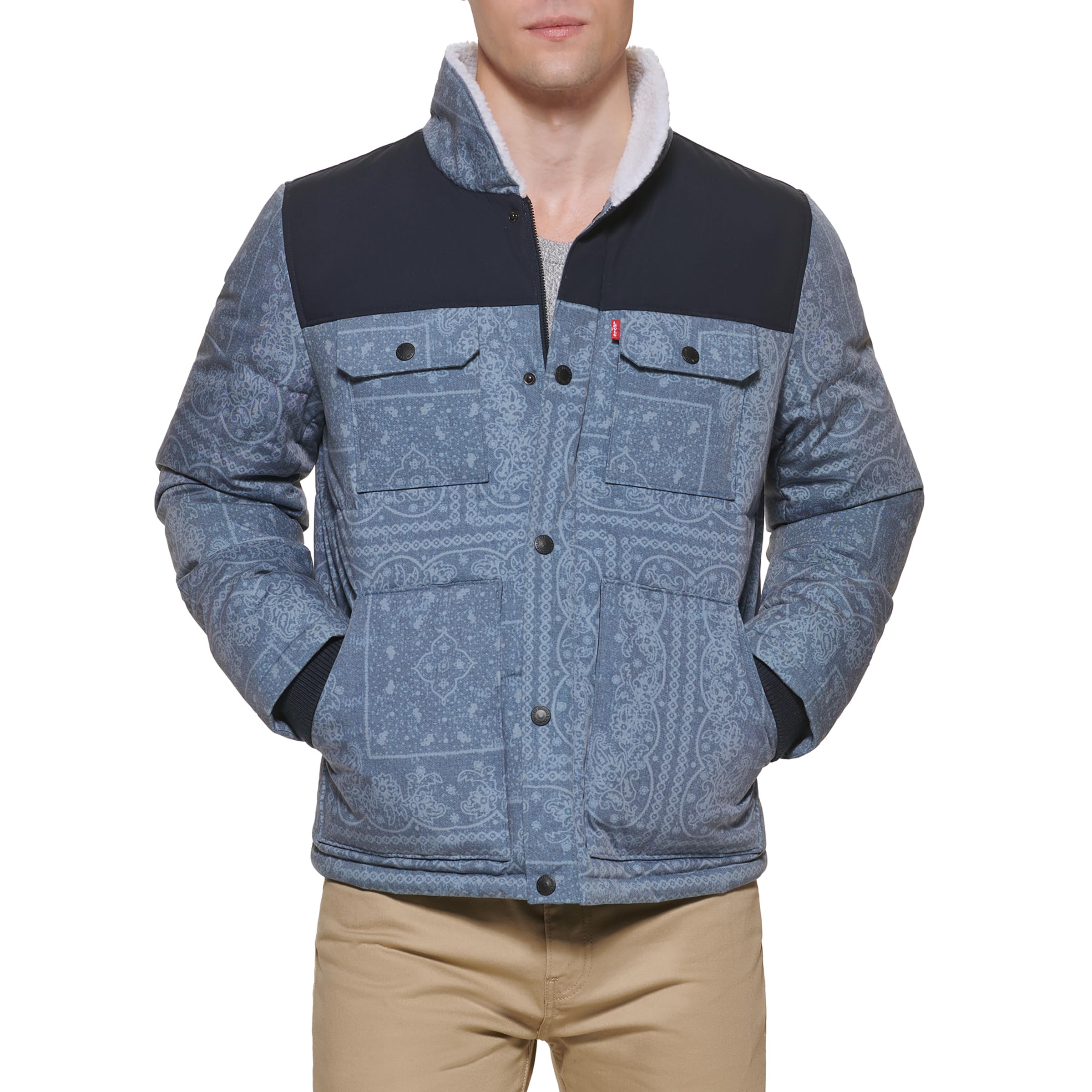LEVI'S Men's Mixed Media Quilted Puffer Jacket With Sherpa Lined Collar (Regular and Big &amp; Tall Sizes)