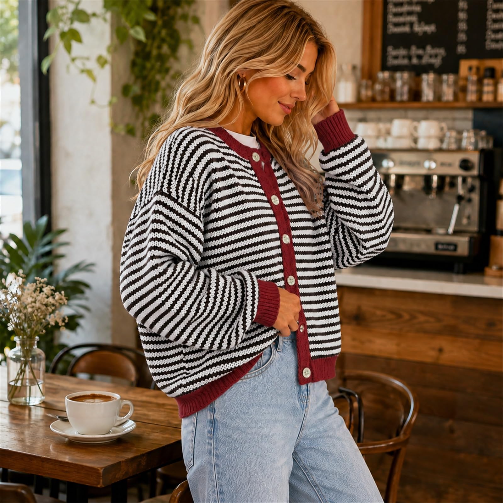 Strickjacke Damen Kurz Cardigan Gestreift Jacke Rundhalsausschnitt