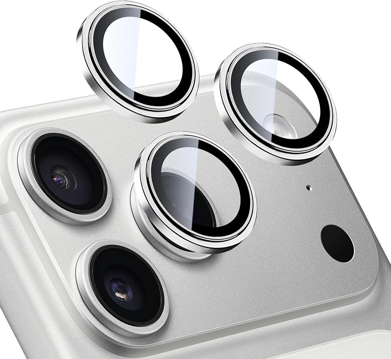 TENOC Camera Lens Protector for iPhone 17 Pro & 17 Pro Max, Silver | AR+AF, 9H Tempered Glass, Individual Metal Ring, Anti Glare, Fall Protection, Camera Screen Cover