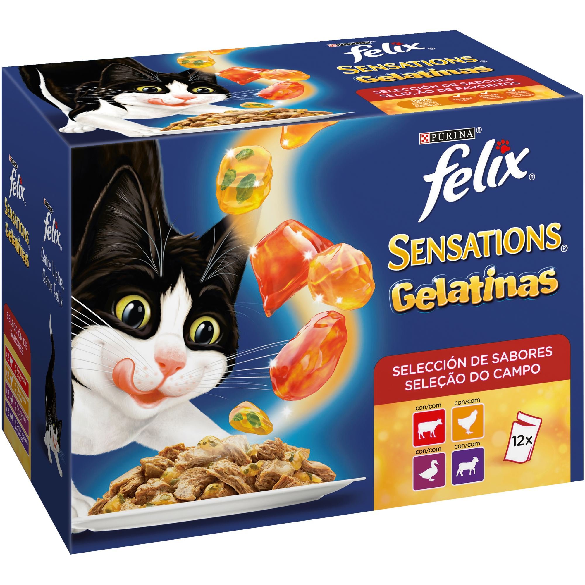 Felix Purina Sensations Comida Húmeda para Gato Adulto Pack Surtido Carnes, 12 sobres de 100 g
